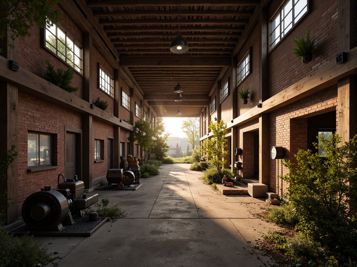 Prompt: Rustic industrial landscape, abandoned factories, distressed brick walls, corrugated metal roofs, worn wooden beams, vintage machinery, urban decay, overgrown vegetation, gritty urban atmosphere, warm golden lighting, shallow depth of field, 1/2 composition, cinematic view, realistic textures, ambient occlusion, nostalgic mood, retro-futuristic elements, exposed ductwork, concrete floors, steel columns, reclaimed wood accents, industrial chic aesthetic.