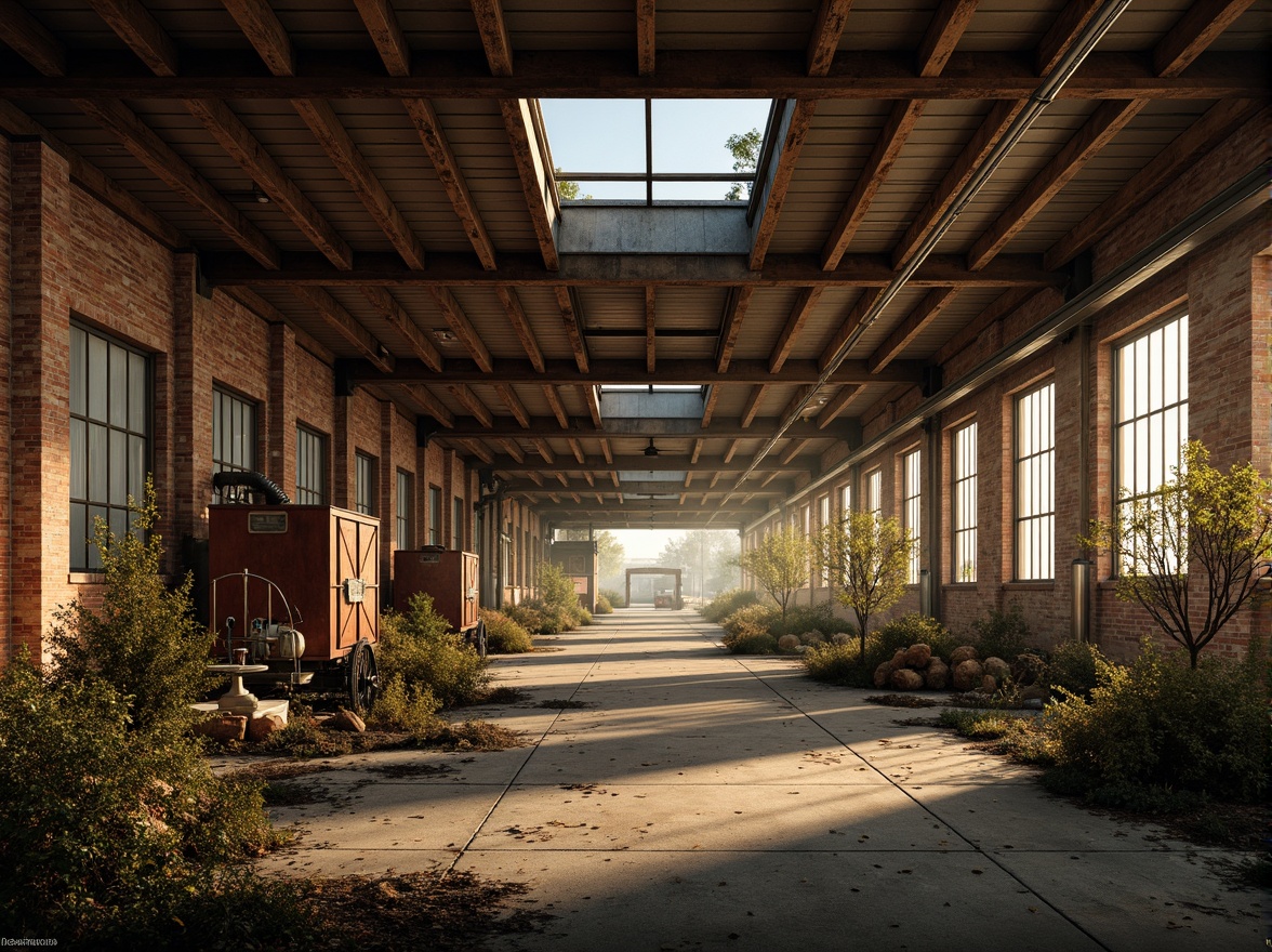 Prompt: Rustic industrial landscape, abandoned factories, distressed brick walls, corrugated metal roofs, worn wooden beams, vintage machinery, urban decay, overgrown vegetation, gritty urban atmosphere, warm golden lighting, shallow depth of field, 1/2 composition, cinematic view, realistic textures, ambient occlusion, nostalgic mood, retro-futuristic elements, exposed ductwork, concrete floors, steel columns, reclaimed wood accents, industrial chic aesthetic.