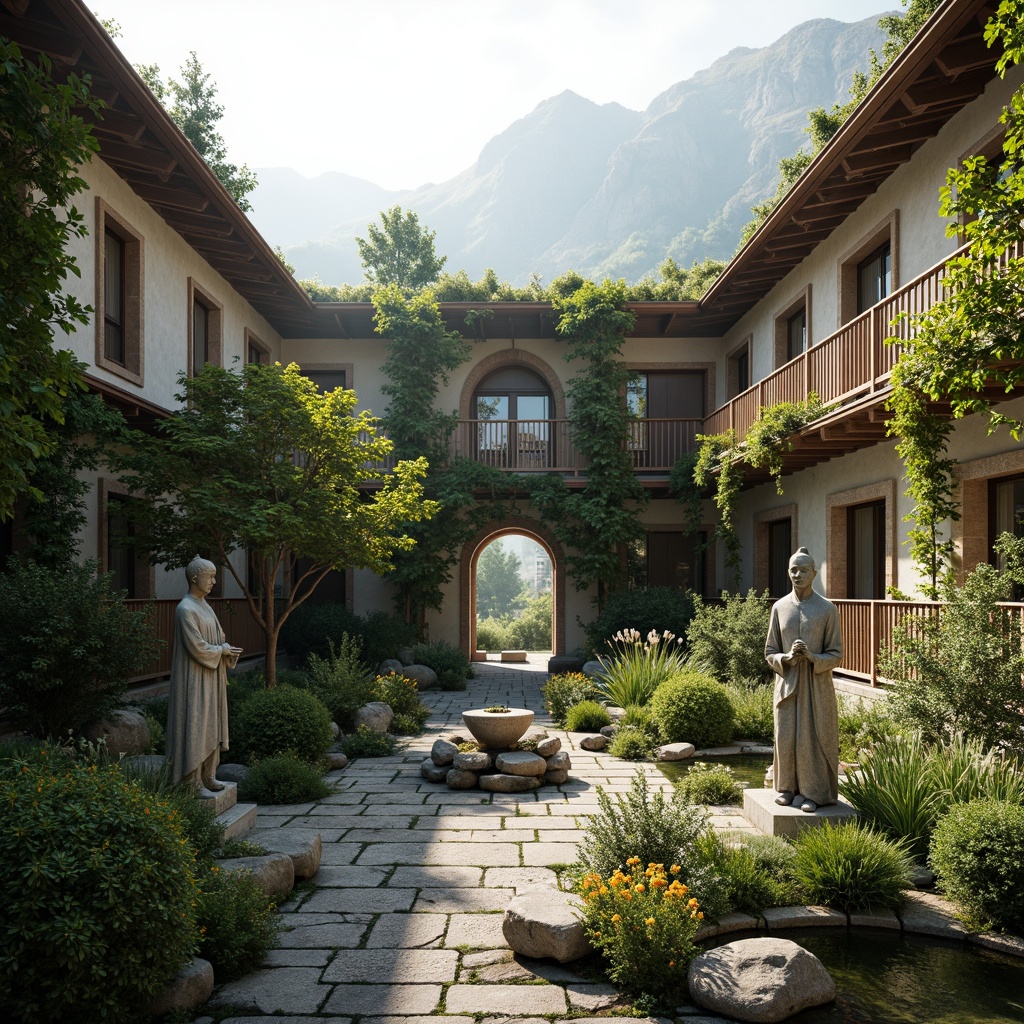 Prompt: Serene monastery courtyard, lush greenery, natural stone walls, wooden accents, rustic doors, tranquil water features, peaceful statues, organic architecture, curved lines, earthy tones, sustainable materials, living roofs, green spaces, misty morning, soft warm lighting, shallow depth of field, 3/4 composition, panoramic view, realistic textures, ambient occlusion, surrounding mountains, rolling hills, meandering paths, scenic overlooks, natural ventilation systems, passive solar design.