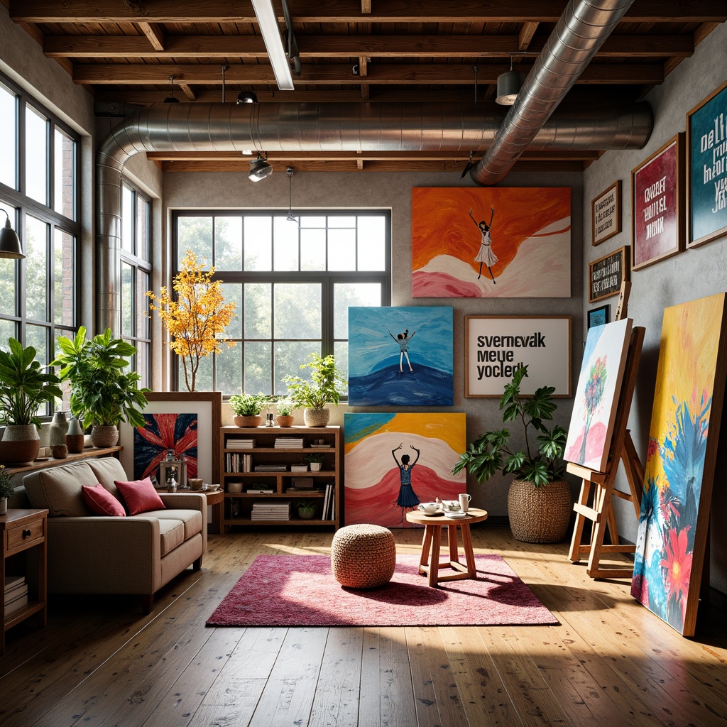 Prompt: Vibrant modern art studio, eclectic color palette, bold brushstrokes, textured canvases, artistic easels, inspirational quotes, natural wood floors, industrial metal beams, oversized windows, soft warm lighting, 3/4 composition, shallow depth of field, realistic textures, ambient occlusion.