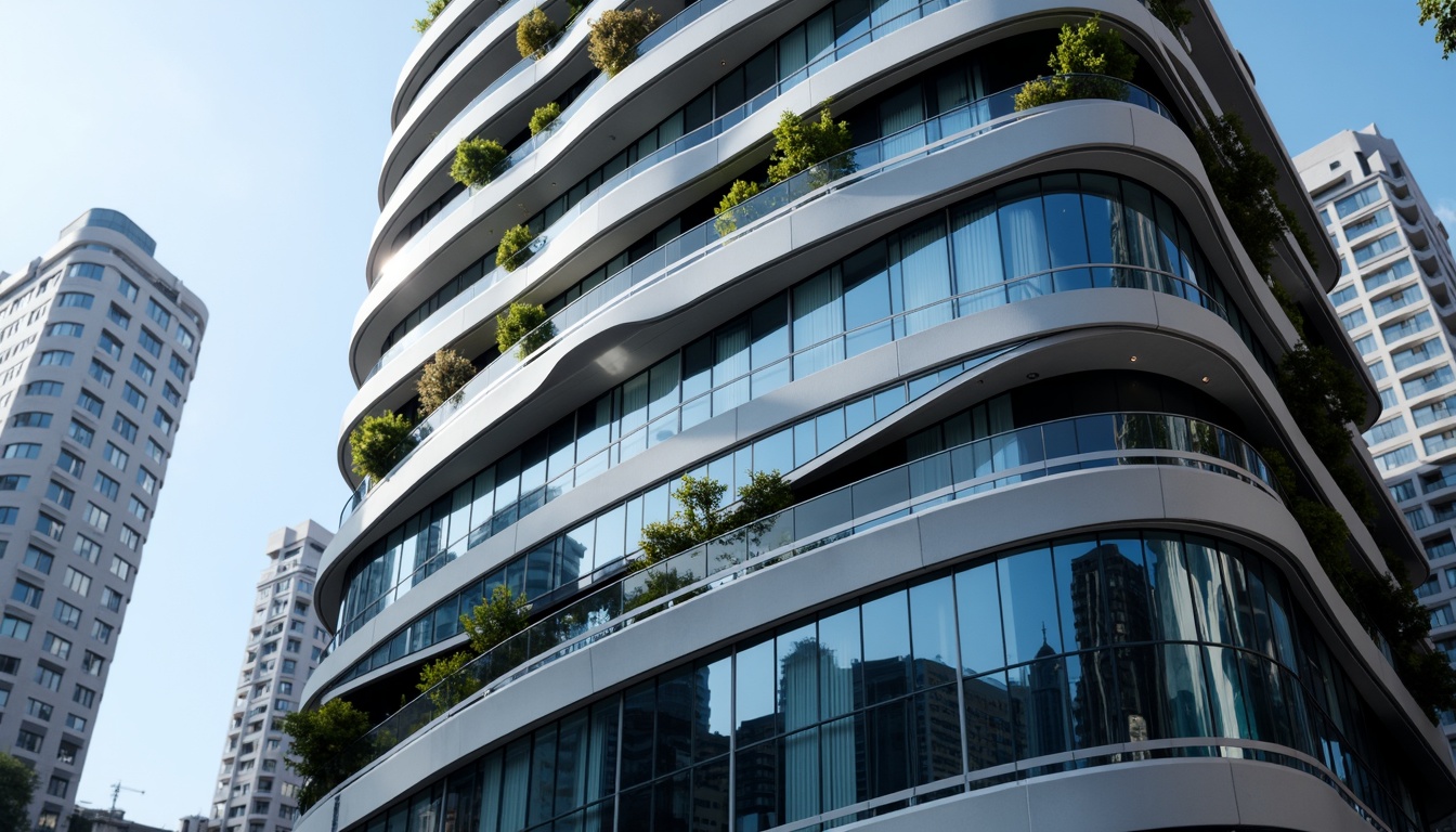 Prompt: Curved building facade, metallic materials, chrome accents, horizontal lines, rounded edges, nautical-inspired design, oceanic blue hues, wave-like patterns, minimalist ornamentation, functional simplicity, urban cityscape, morning sunlight, soft shadows, shallow depth of field, 2/3 composition, symmetrical framing, realistic reflections, ambient occlusion.