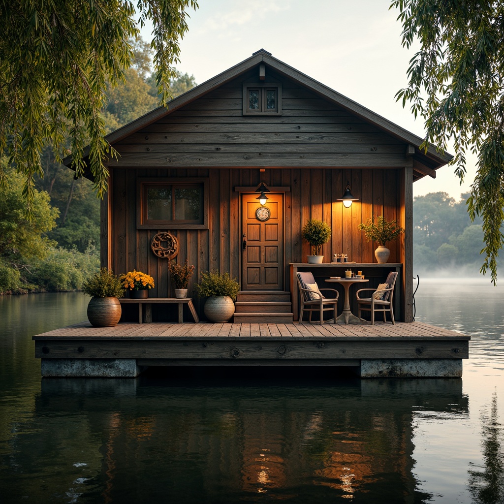 Prompt: Rustic boathouse, wooden dock, serene lake waters, lush greenery, overhanging trees, vintage nautical elements, distressed wood textures, earthy color palette, natural stone foundations, classic architectural details, ornate metalwork, lantern-style lighting, warm golden hour, soft misty atmosphere, shallow depth of field, 1/2 composition, symmetrical framing, realistic water reflections, ambient occlusion.