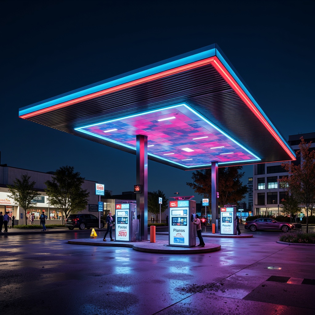 Prompt: Futuristic gas station, sleek metal canopy, neon LED lights, dynamic color-changing effects, modern minimalist architecture, angular lines, reflective glass surfaces, high-gloss finishes, stainless steel accents, futuristic fuel pumps, digital display screens, electronic payment systems, urban cityscape, night scene, dramatic shadows, high-contrast lighting, 1/1 composition, shallow depth of field, realistic textures, ambient occlusion.