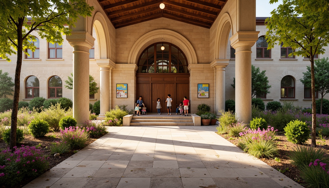 Prompt: Rustic elementary school building, Romanesque arches, warm beige stone walls, ornate carvings, grand entrance, heavy wooden doors, vibrant greenery, blooming flowers, playful playground equipment, colorful murals, educational signage, natural stone walkways, curved staircases, high ceilings, large windows, soft warm lighting, shallow depth of field, 3/4 composition, panoramic view, realistic textures, ambient occlusion.