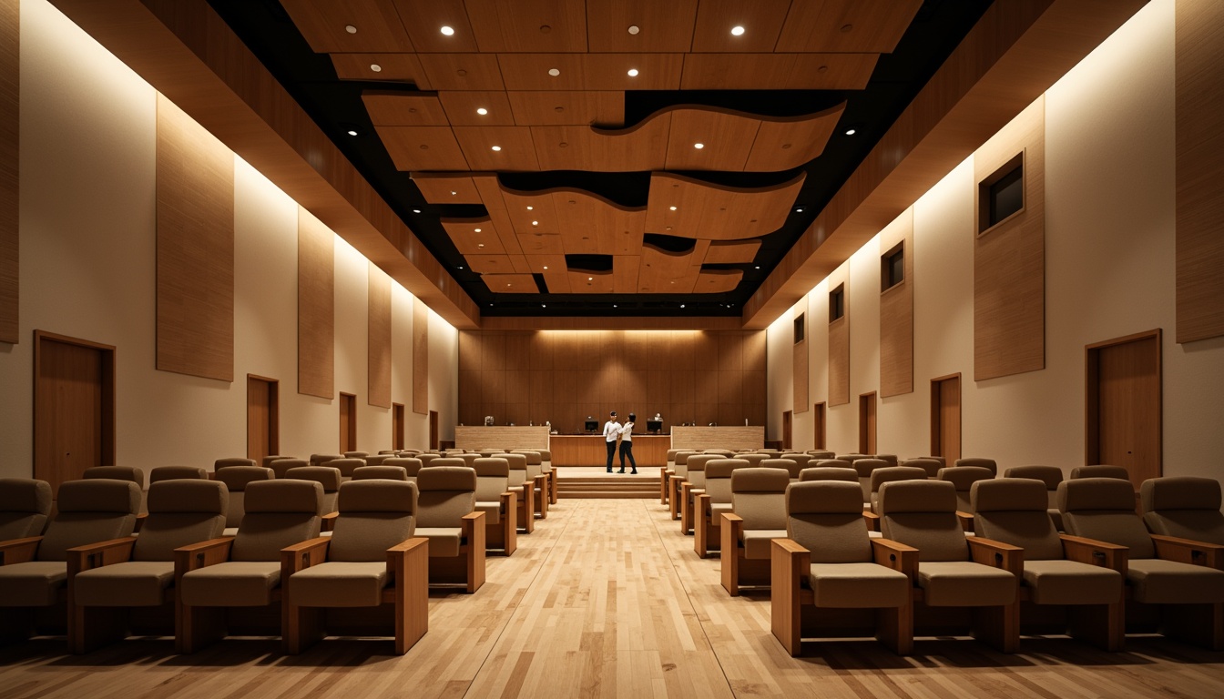 Prompt: Minimalist auditorium interior, sleek wooden floors, sound-absorbing panels, curved lines, geometric shapes, subtle lighting, warm beige tones, comfortable seating, optimized speaker placement, precise acoustic calculations, reverberation control, echo reduction, crystal-clear sound quality, intimate performance atmosphere, shallow stage design, dramatic spotlights, soft shadows, 1/1 composition, realistic textures, ambient occlusion.