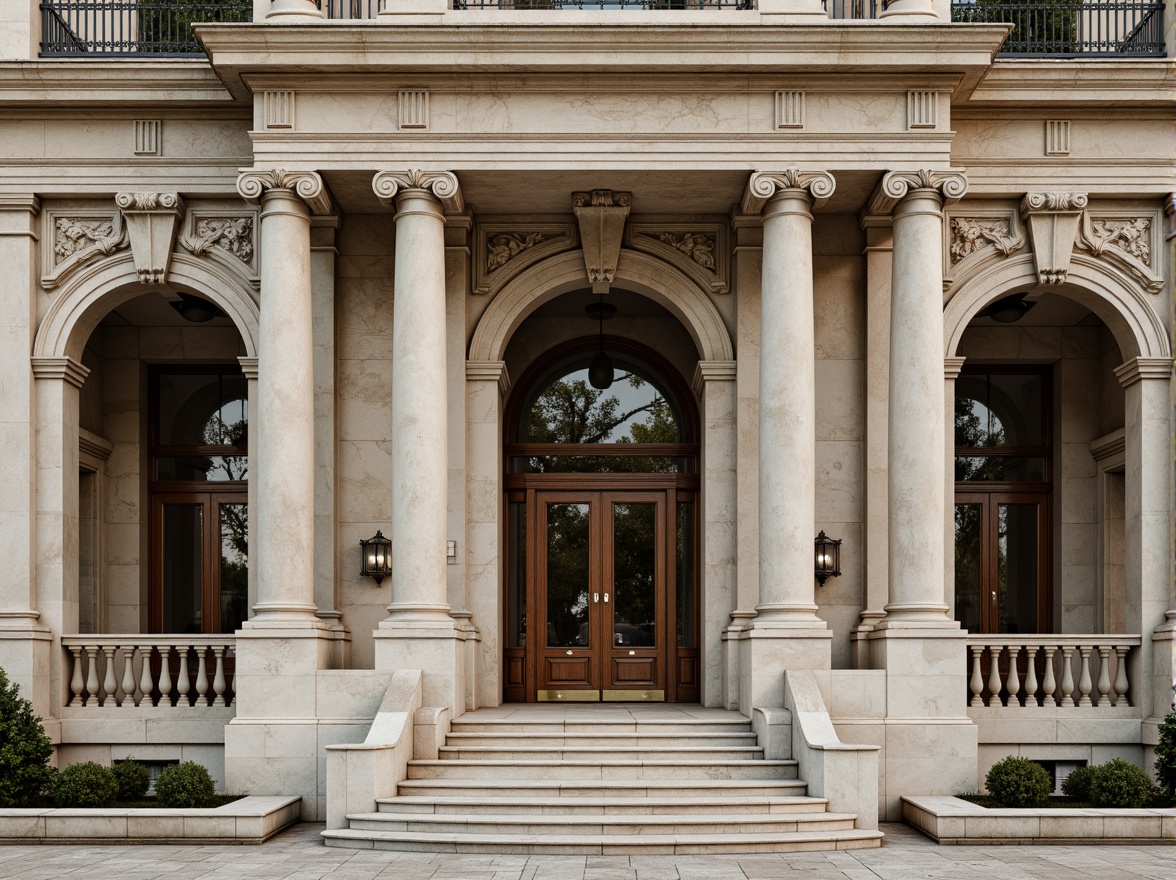 Prompt: Grandiose building facade, ornate columns, intricately carved details, symmetrical composition, classical proportions, limestone or marble materials, subtle color palette, soft natural light, warm afternoon ambiance, shallow depth of field, 2/3 composition, realistic textures, ambient occlusion, ornamental balustrades, decorative friezes, sculpted pediments, grand entranceways, sweeping staircases, elegant archways, refined moldings, luxurious ornamentation.