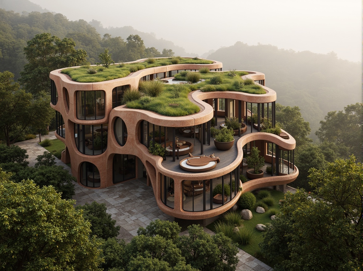 Prompt: Earthy tones, natural stone walls, reclaimed wood accents, living green roofs, organic curves, flowing lines, biomimetic forms, sustainable materials, eco-friendly design, earthy scent, misty atmosphere, soft warm lighting, shallow depth of field, 3/4 composition, panoramic view, realistic textures, ambient occlusion.