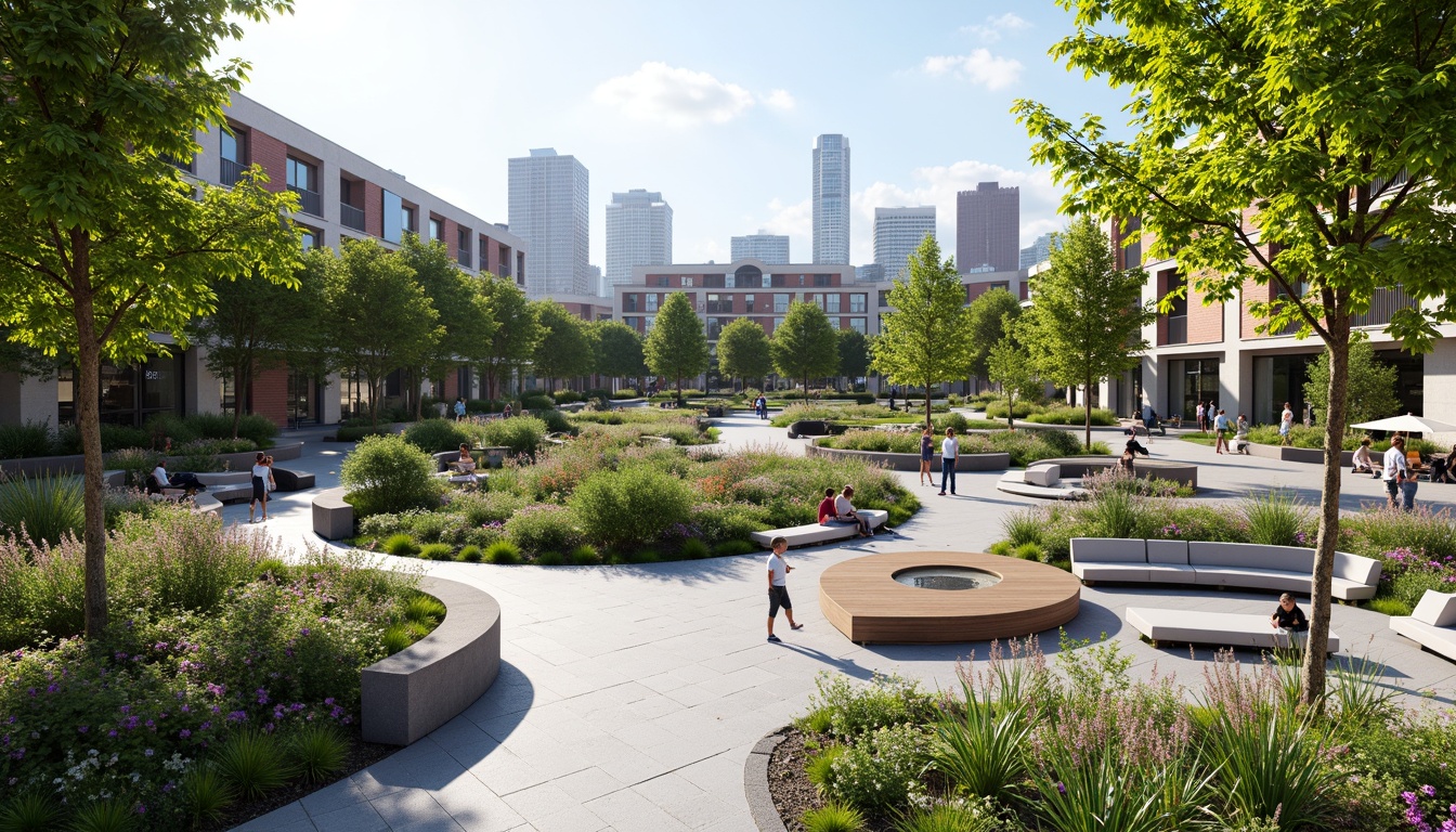 Prompt: Vibrant public plaza, lush greenery, blooming flowers, curved walkways, modern street furniture, urban water features, dynamic lighting systems, sleek metal railings, natural stone paving, integrated seating areas, accessible ramps, wheelchair-friendly paths, sustainable drainage systems, eco-friendly materials, innovative irrigation technologies, shaded outdoor spaces, misting systems, panoramic city views, 3/4 composition, realistic textures, ambient occlusion.