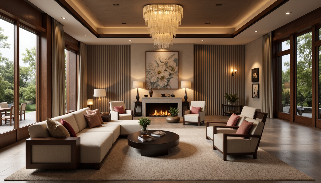 Prompt: Elegant living room, warm ambient lighting, soft glowing lamps, comfortable seating areas, rich wood furniture, luxurious fabrics, subtle color palette, sophisticated chandeliers, floor-to-ceiling windows, natural daylight, layered lighting effects, dramatic shadows, cozy reading nooks, inviting atmosphere, relaxing ambiance, warm beige tones, creamy whites, soft pastels, metallic accents, sleek lines, modern minimalist decor, functional task lighting, accent lighting highlights, 1/1 composition, shallow depth of field, realistic textures.