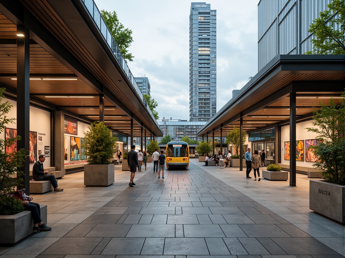 Prompt: Vibrant tram station, bustling urban hub, modern architecture, sleek glass roofs, natural stone flooring, green walls, urban gardens, public art installations, interactive exhibits, community boards, cozy seating areas, warm lighting, shallow depth of field, 3/4 composition, panoramic view, realistic textures, ambient occlusion.