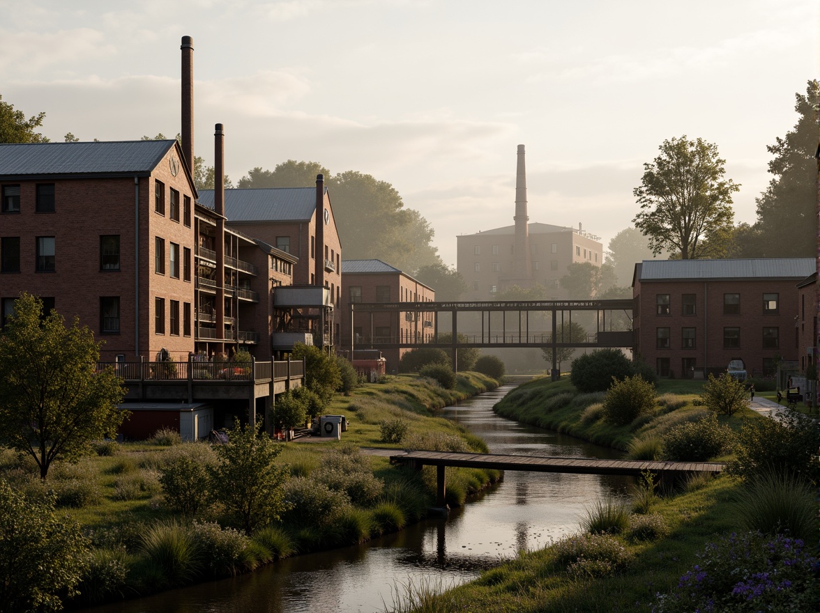 Prompt: Industrial factory complex, rustic brick buildings, corrugated metal roofs, worn concrete walls, vintage machinery, abandoned chimneys, overgrown vegetation, wildflowers, meandering streams, misty atmosphere, soft warm lighting, shallow depth of field, 3/4 composition, panoramic view, realistic textures, ambient occlusion, regionalism-inspired architecture, modern industrial design, functional spaces, exposed ductwork, metal catwalks, reclaimed wood accents, earthy color palette, natural stone pathways, weathered steel bridges.