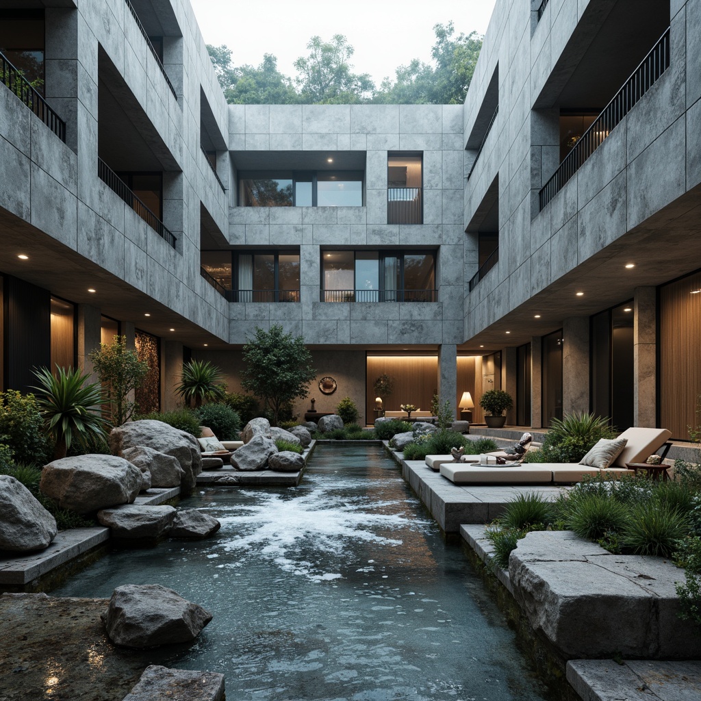 Prompt: Rugged concrete walls, fragmented stone tiles, distressed metal accents, irregularly shaped pools, turbulent water effects, abstract sculptures, industrial-style lighting fixtures, exposed pipes and ducts, brutalist architecture, weathered wood decking, rough-hewn boulders, overgrown vegetation, misty atmosphere, dramatic shadows, high-contrast lighting, cinematic composition, bold color palette, textured renderings.