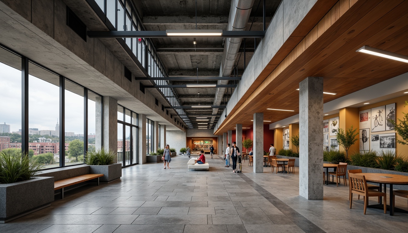 Prompt: Rough-hewn concrete walls, exposed ductwork, industrial metal beams, polished wooden accents, bold color blocking, natural stone flooring, brutalist architecture, middle school setting, educational murals, urban landscape views, overcast skies, dramatic shadows, high-contrast lighting, 1/1 composition, symmetrical framing, gritty textures, ambient occlusion.