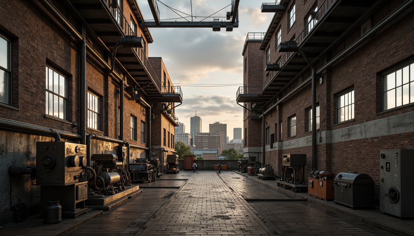 Prompt: Industrial factory setting, exposed brick walls, metal beams, worn wooden floors, distressed concrete textures, vintage machinery, rusty pipes, urban cityscape, cloudy grey skies, warm golden lighting, shallow depth of field, 1/2 composition, realistic render, ambient occlusion, muted color palette, earthy tones, weathered steel blues, faded reds, industrial greens, creamy whites, worn leather accents, metallic sheens.