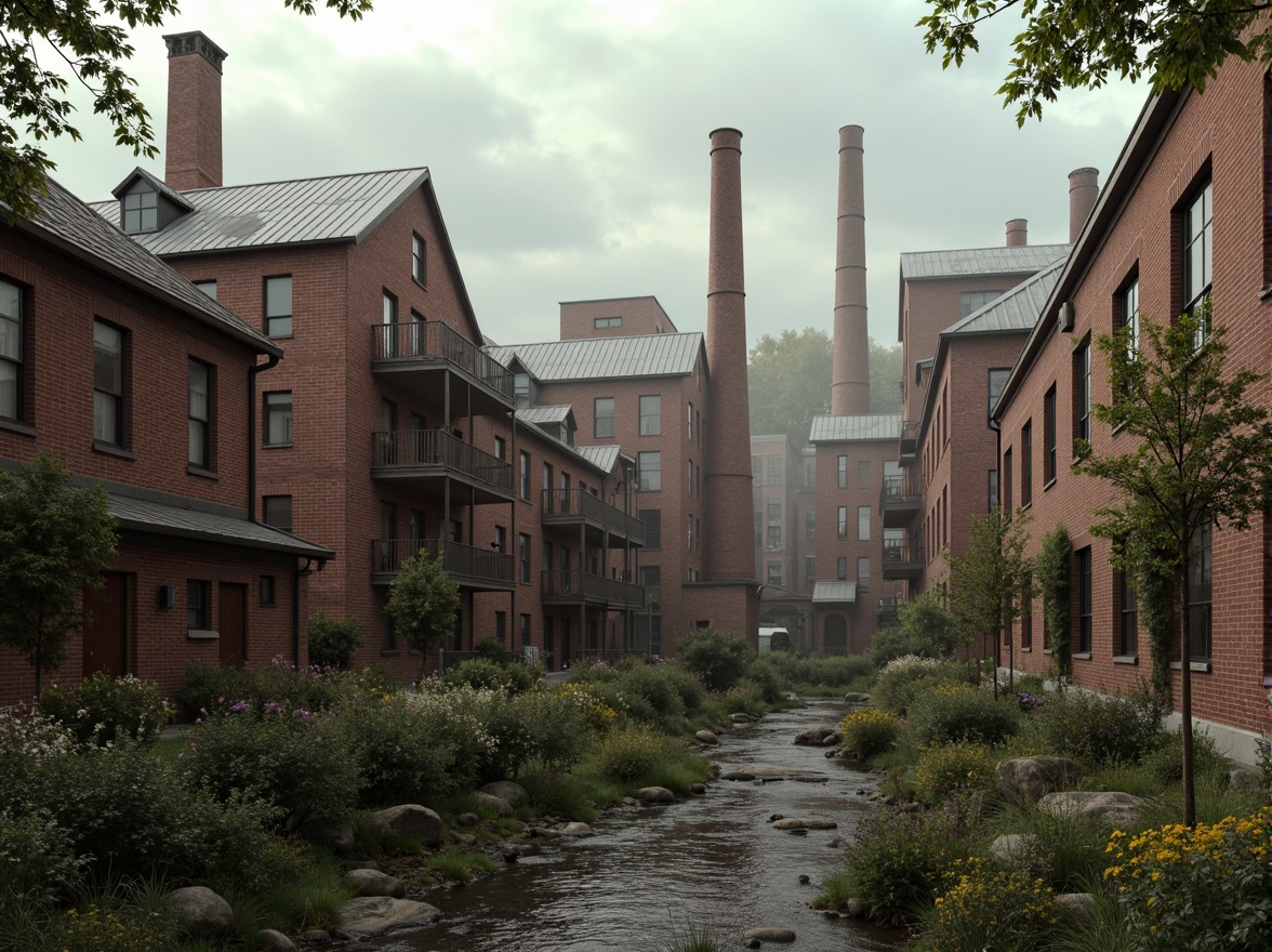 Prompt: Industrial factory complex, rustic brick buildings, corrugated metal roofs, worn concrete walls, vintage machinery, abandoned chimneys, overgrown vegetation, wildflowers, meandering streams, misty atmosphere, soft warm lighting, shallow depth of field, 3/4 composition, panoramic view, realistic textures, ambient occlusion, regionalism-inspired architecture, modern industrial design, functional spaces, exposed ductwork, metal catwalks, reclaimed wood accents, earthy color palette, natural stone pathways, weathered steel bridges.