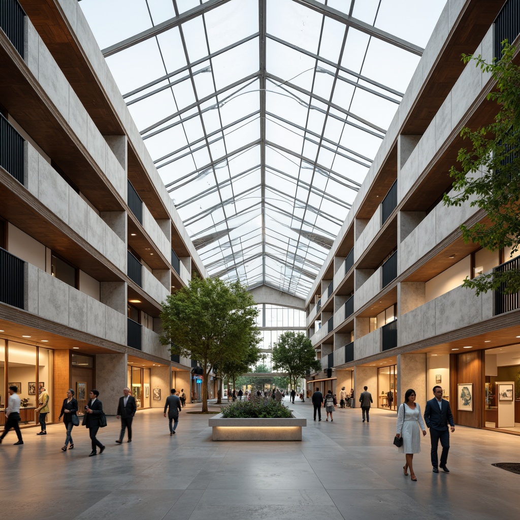 Prompt: Vibrant cultural center, grand atrium, high ceilings, clerestory windows, skylights, transparent roofs, minimalist interior design, polished concrete floors, reflective surfaces, open floor plans, flexible exhibition spaces, natural stone walls, wooden accents, warm color schemes, soft diffused lighting, 1/1 composition, shallow depth of field, panoramic view, realistic textures, ambient occlusion.