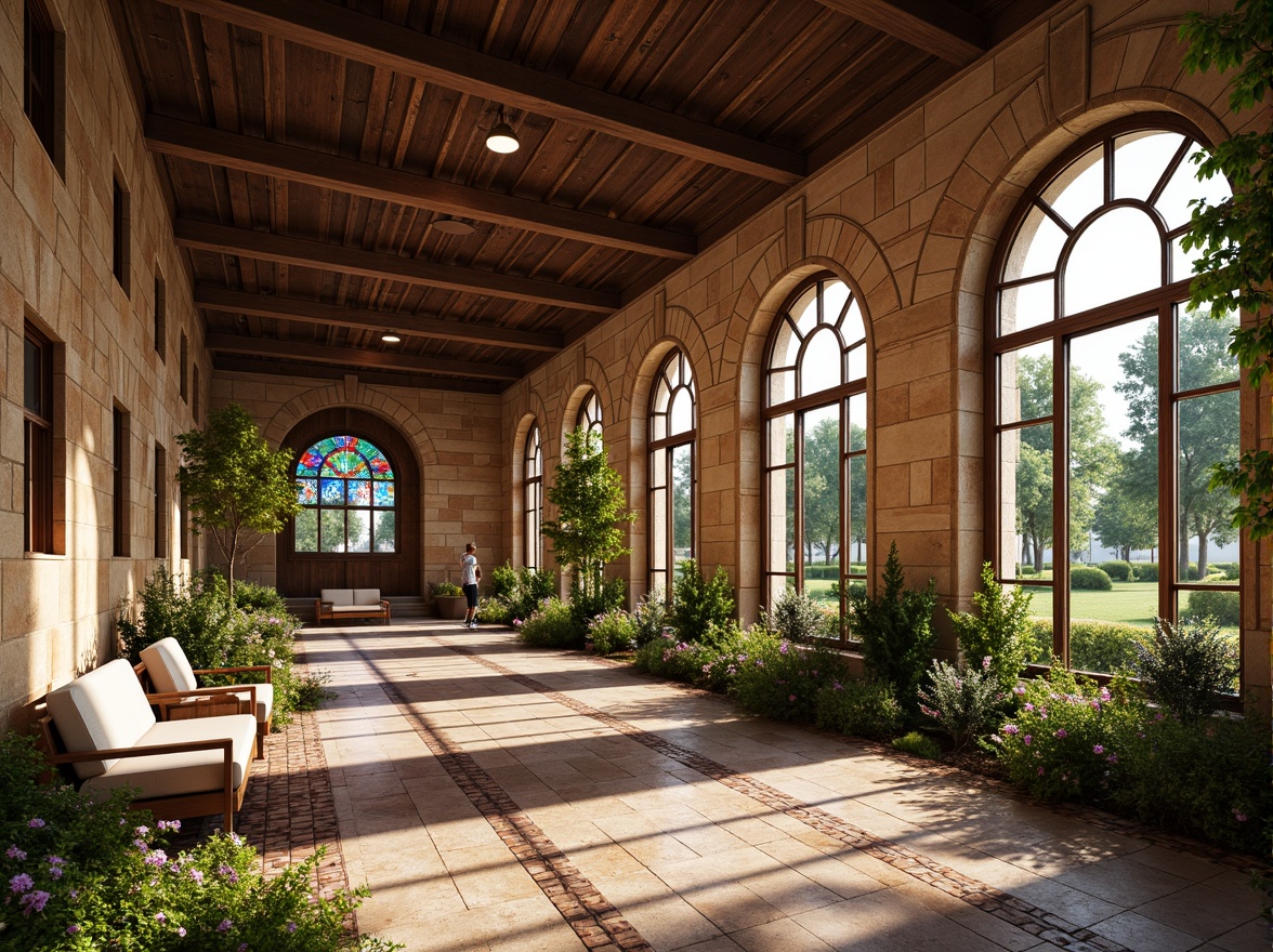 Prompt: Rustic stone walls, arched windows, ornate carvings, grand entrance halls, high ceilings, wooden beams, stained glass windows, vibrant colorful mosaics, intricate stone patterns, lush greenery, blooming flowers, sunny day, soft warm lighting, shallow depth of field, 3/4 composition, panoramic view, realistic textures, ambient occlusion.