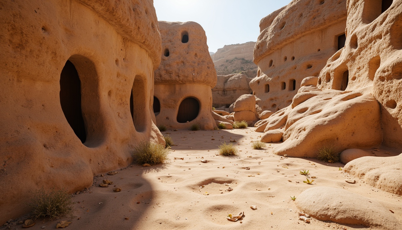 Prompt: Weathered sand-casted walls, rough stone textures, earthy tones, organic forms, natural erosion patterns, intricate rock formations, desert landscape, warm sunny day, soft diffused lighting, shallow depth of field, 3/4 composition, panoramic view, realistic textures, ambient occlusion.