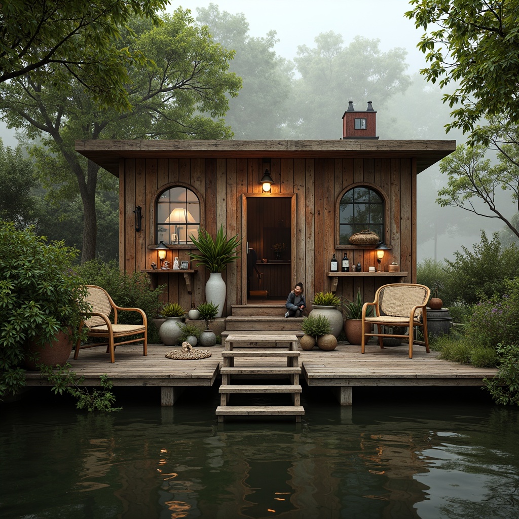 Prompt: Whimsical boathouse, eclectic facade, distressed wood textures, vintage nautical elements, rusty metal accents, colorful glass bottles, woven wicker furniture, lush greenery, overgrown vegetation, misty morning atmosphere, soft warm lighting, shallow depth of field, 1/1 composition, realistic water reflections, ambient occlusion.