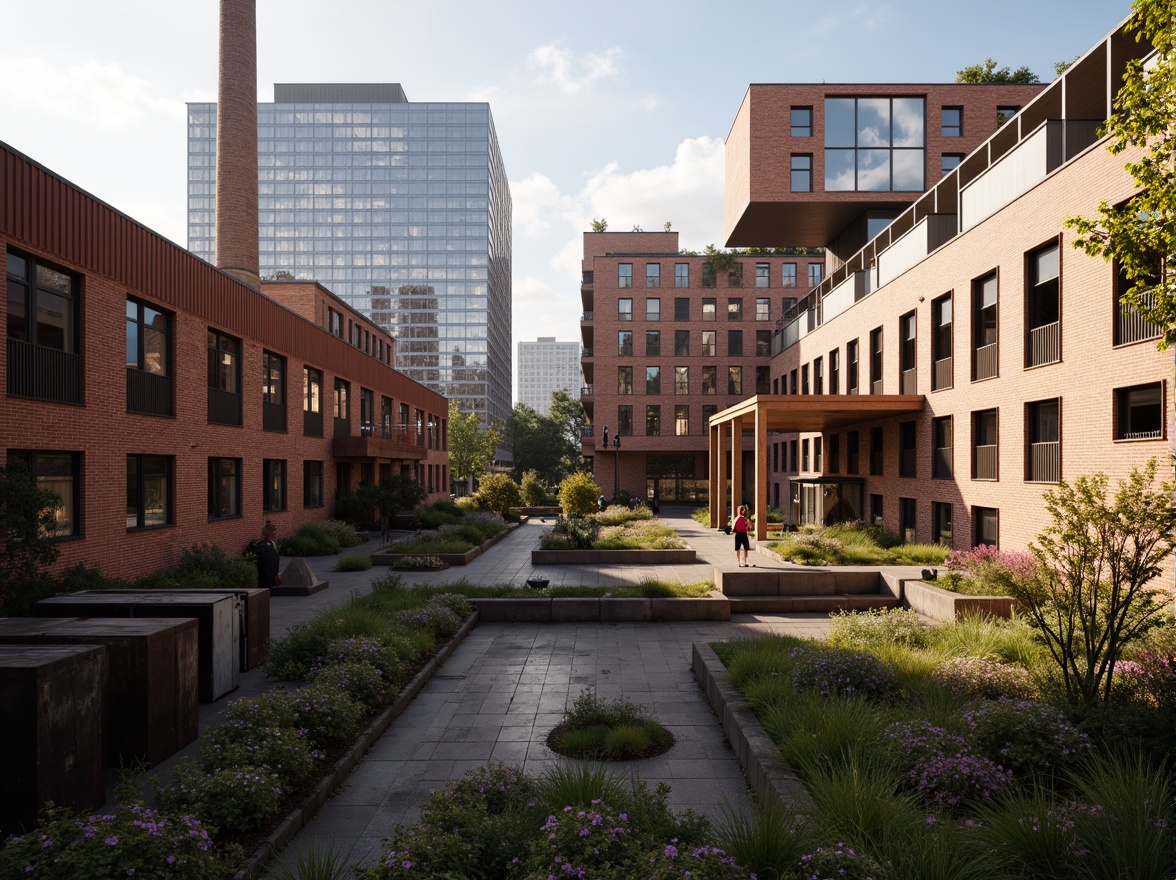 Prompt: Industrial heritage site, exposed brick buildings, rusty metal structures, reclaimed wood accents, vintage factory equipment, urban renewal, mixed-use development, adaptive reuse, modern amenities, sleek glass facades, corten steel cladding, brutalist architecture, post-industrial landscape, overgrown vegetation, abandoned machinery, nostalgic atmosphere, warm golden lighting, shallow depth of field, 2/3 composition, realistic textures, ambient occlusion.