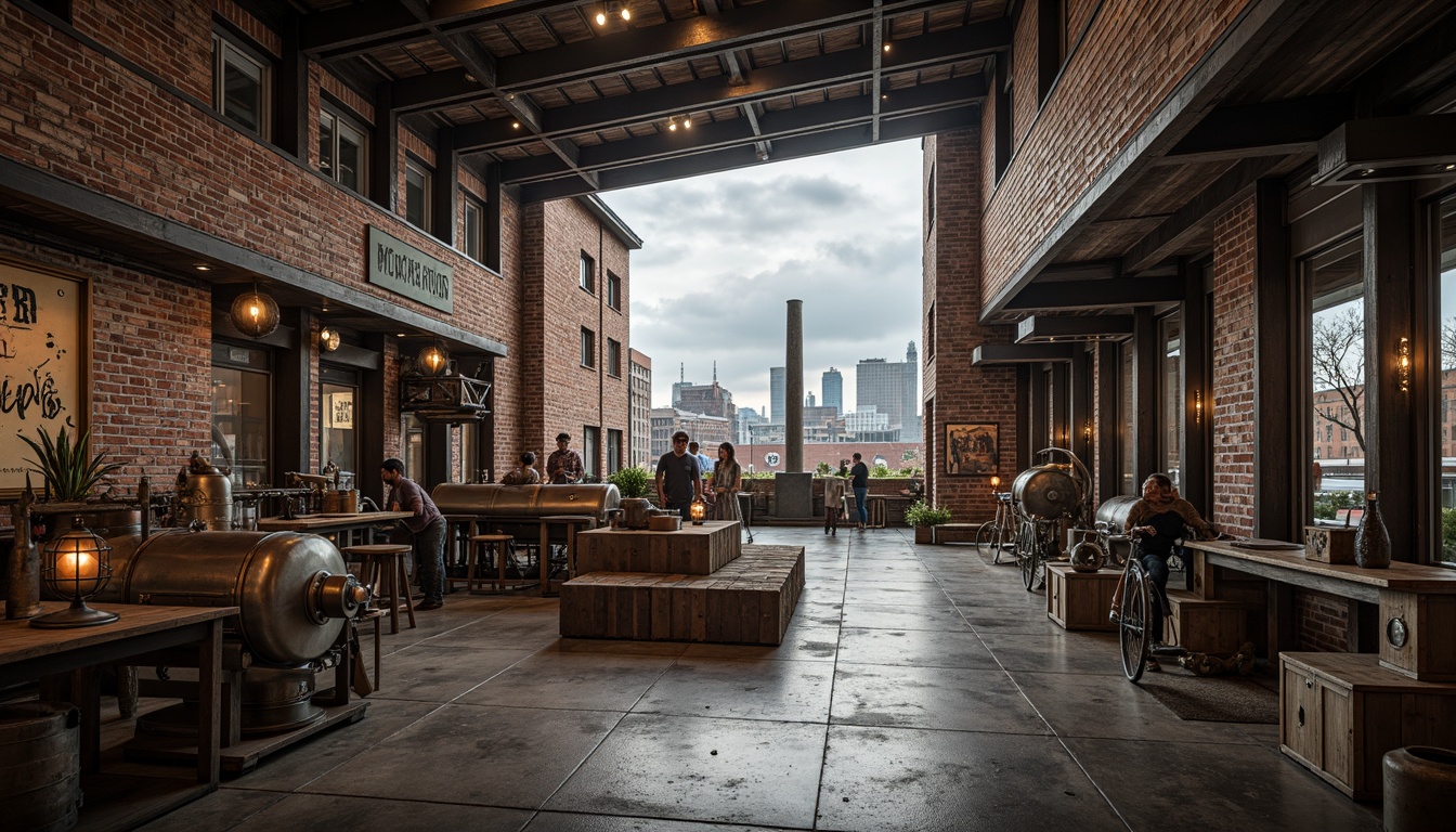 Prompt: Rustic industrial factory, exposed brick walls, metallic beams, reclaimed wood accents, distressed concrete floors, vintage machinery, urban cityscape, cloudy grey sky, warm soft lighting, shallow depth of field, 1/1 composition, realistic textures, ambient occlusion, worn wooden crates, old-fashioned lanterns, faded signage, eclectic mix of materials, post-industrial aesthetic, nostalgic atmosphere.