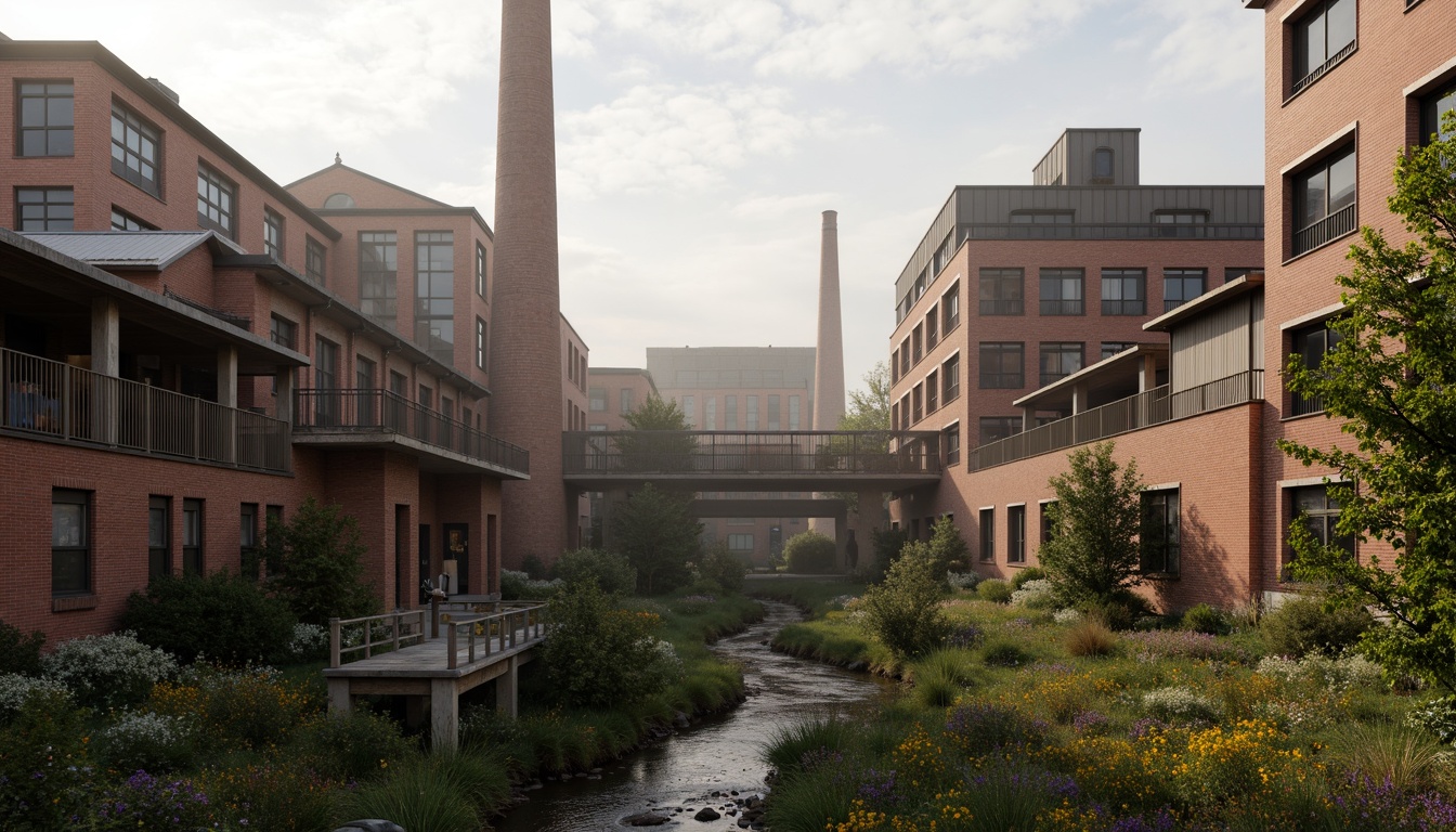 Prompt: Industrial factory complex, rustic brick buildings, corrugated metal roofs, worn concrete walls, vintage machinery, abandoned chimneys, overgrown vegetation, wildflowers, meandering streams, misty atmosphere, soft warm lighting, shallow depth of field, 3/4 composition, panoramic view, realistic textures, ambient occlusion, regionalism-inspired architecture, modern industrial design, functional spaces, exposed ductwork, metal catwalks, reclaimed wood accents, earthy color palette, natural stone pathways, weathered steel bridges.