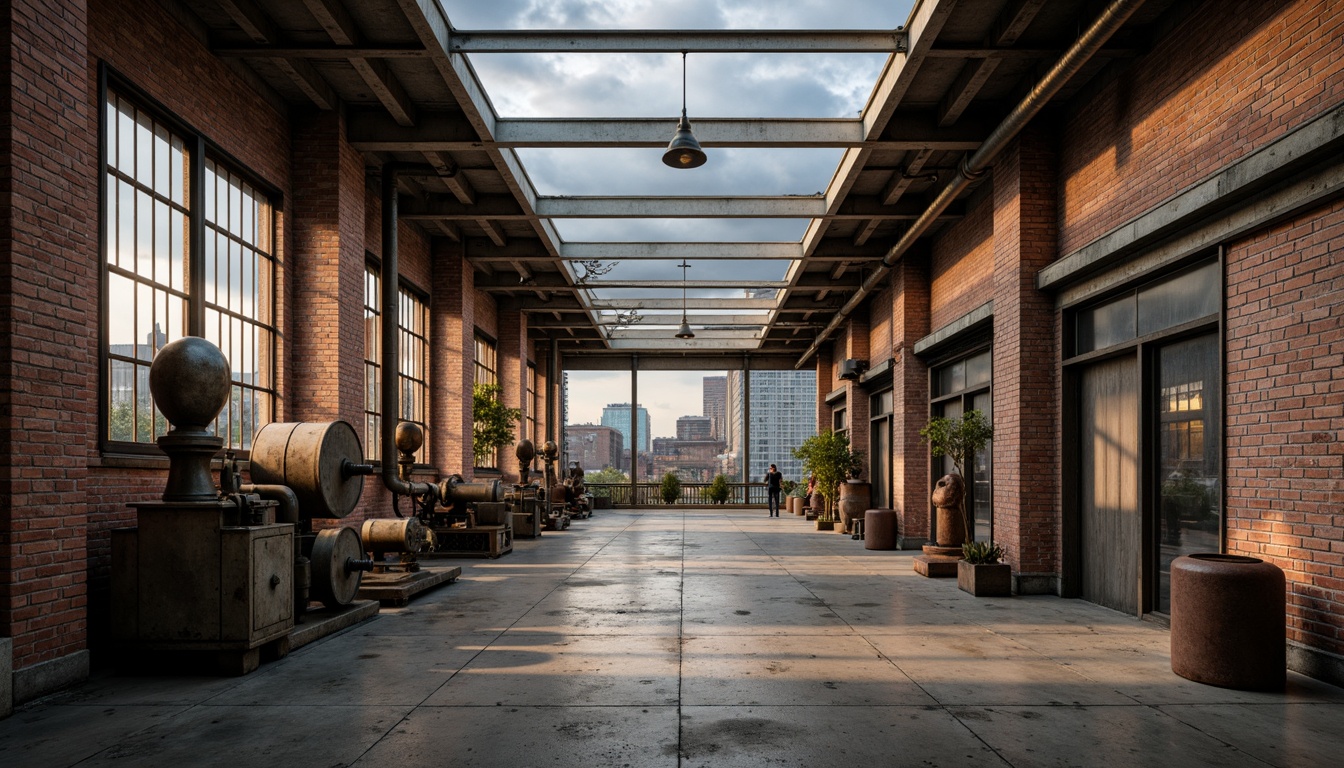 Prompt: Industrial factory setting, exposed brick walls, metal beams, worn wooden floors, distressed concrete textures, vintage machinery, rusty pipes, urban cityscape, cloudy grey skies, warm golden lighting, shallow depth of field, 1/2 composition, realistic materials, ambient occlusion, muted color palette, earthy tones, weathered steel blues, faded reds, industrial greens, creamy whites, rich browns.