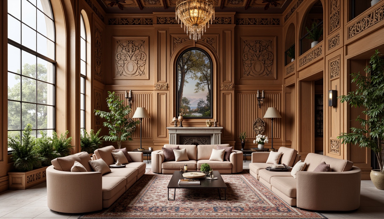 Prompt: Richly ornamented wooden panels, intricately carved furniture, vintage decorative items, plush velvet sofas, ornate chandeliers, warm golden lighting, traditional Persian rugs, modern minimalist coffee tables, sleek metal accents, geometric patterned wallpaper, floor-to-ceiling windows, natural stone flooring, luxurious marble countertops, soft pastel color palette, 1/1 composition, shallow depth of field, realistic textures, ambient occlusion.