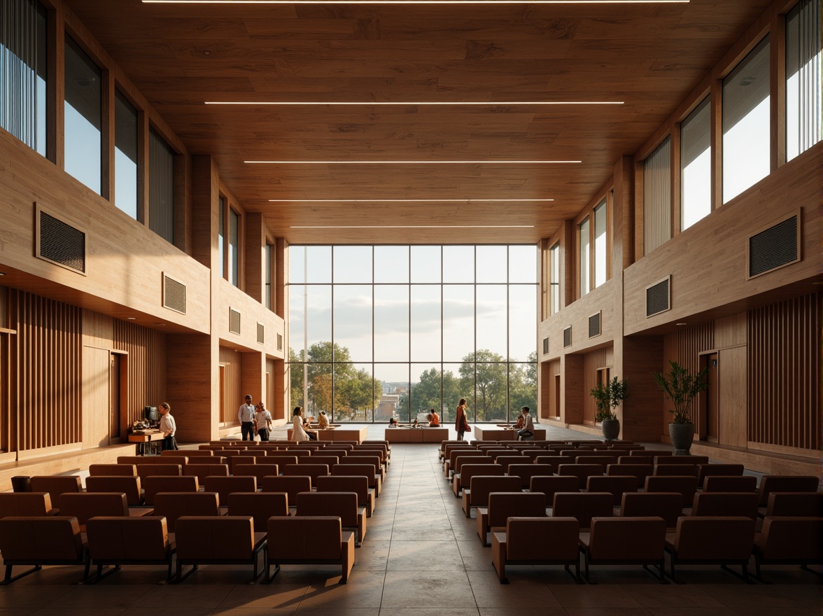 Prompt: Grand auditorium, high ceilings, expansive windows, natural light pouring in, warm wooden tones, comfortable seating, state-of-the-art sound systems, minimal ornamentation, sleek modern architecture, subtle color palette, soft diffused lighting, 1/1 composition, realistic textures, ambient occlusion.