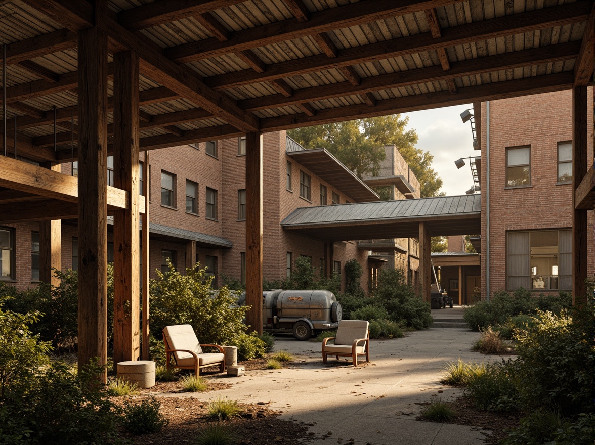 Prompt: Rustic industrial landscape, abandoned factories, distressed brick walls, corrugated metal roofs, worn wooden beams, vintage machinery, urban decay, overgrown vegetation, gritty urban atmosphere, warm golden lighting, shallow depth of field, 1/2 composition, cinematic view, realistic textures, ambient occlusion, nostalgic mood, retro-futuristic elements, exposed ductwork, concrete floors, steel columns, reclaimed wood accents, industrial chic aesthetic.