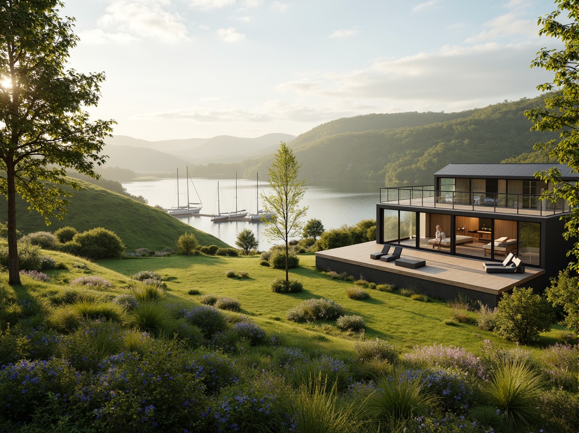 Prompt: Rolling hills, lush green meadows, serene lakeside, wooden docks, sailboats, misty morning, warm sunlight, soft focus, shallow depth of field, 3/4 composition, panoramic view, realistic textures, ambient occlusion, modern architecture, sleek lines, minimalist design, floor-to-ceiling windows, sliding glass doors, natural stone walls, wooden accents, cozy interior spaces, comfortable outdoor furniture, vibrant colorful textiles, intricate geometric patterns.