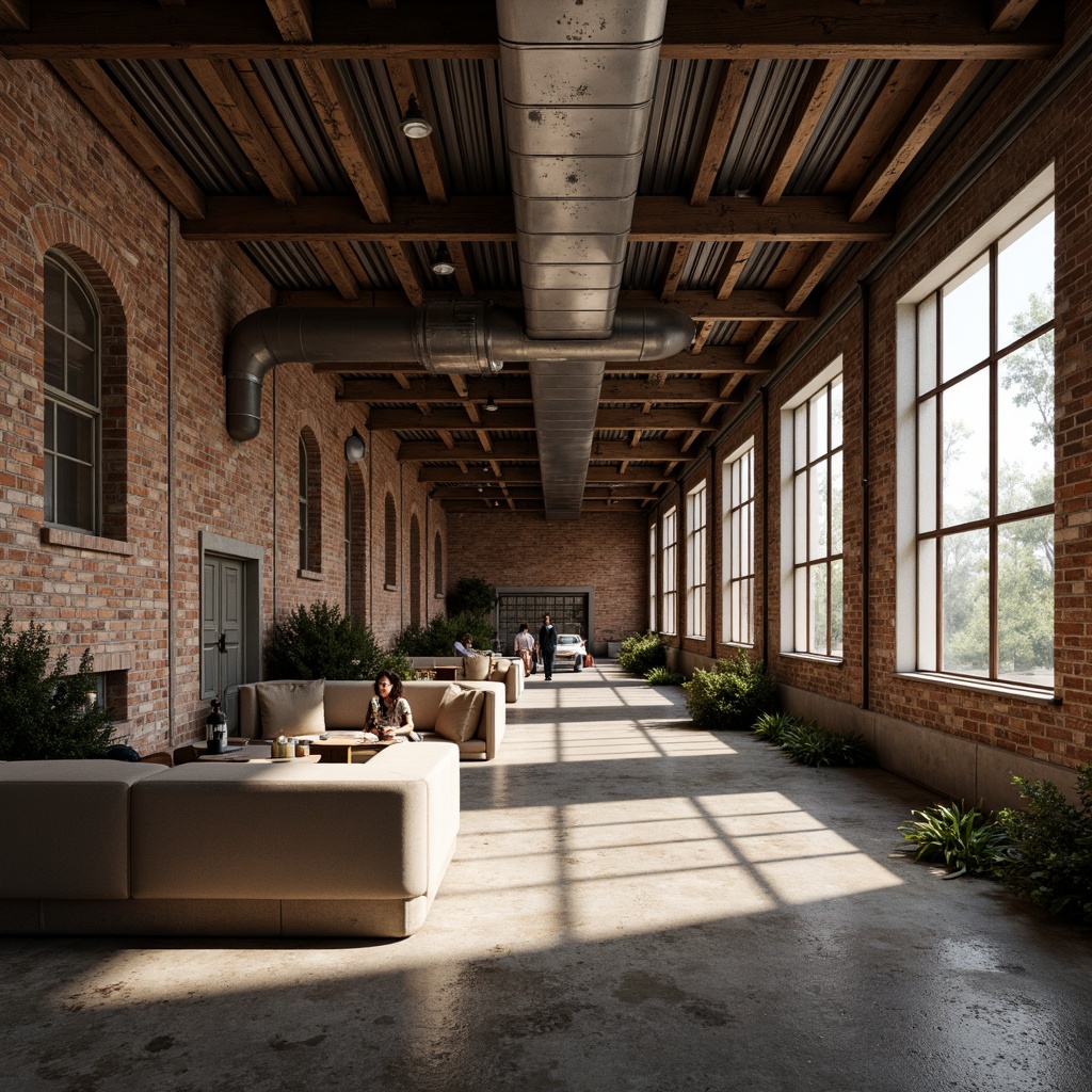 Prompt: Rustic industrial landscape, abandoned factories, worn brick walls, distressed metal roofs, reclaimed wood accents, earthy tones, natural textures, regional materials, local craftsmanship, exposed ductwork, concrete floors, steel beams, functional minimalism, industrial chic aesthetic, warm soft lighting, shallow depth of field, 1/1 composition, realistic renderings, ambient occlusion.