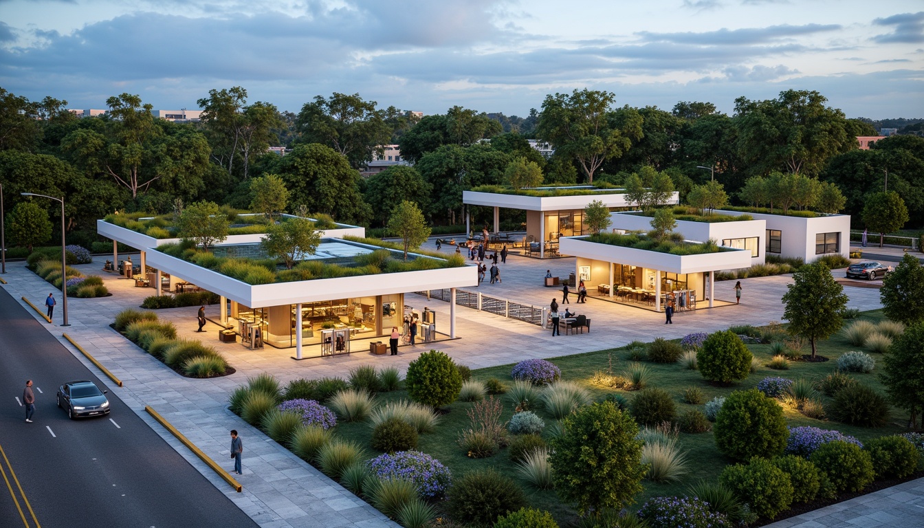 Prompt: Vibrant gas station, lush green roofs, native plant species, natural stone walls, modern architecture, sleek metal canopies, LED lighting, eco-friendly fueling systems, solar panels, rainwater harvesting systems, permeable pavement, stormwater management, outdoor seating areas, shaded walkways, pedestrian-friendly access, wheelchair-accessible ramps, clear signage, wayfinding graphics, warm color scheme, soft evening lighting, shallow depth of field, 3/4 composition, panoramic view, realistic textures, ambient occlusion.