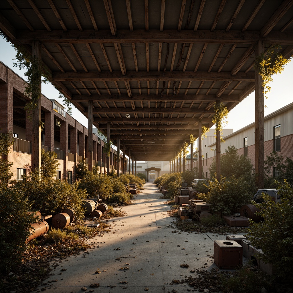 Prompt: Rustic industrial landscape, abandoned factories, distressed brick walls, corrugated metal roofs, worn wooden beams, vintage machinery, urban decay, overgrown vegetation, gritty urban atmosphere, warm golden lighting, shallow depth of field, 1/2 composition, cinematic view, realistic textures, ambient occlusion, nostalgic mood, retro-futuristic elements, exposed ductwork, concrete floors, steel columns, reclaimed wood accents, industrial chic aesthetic.