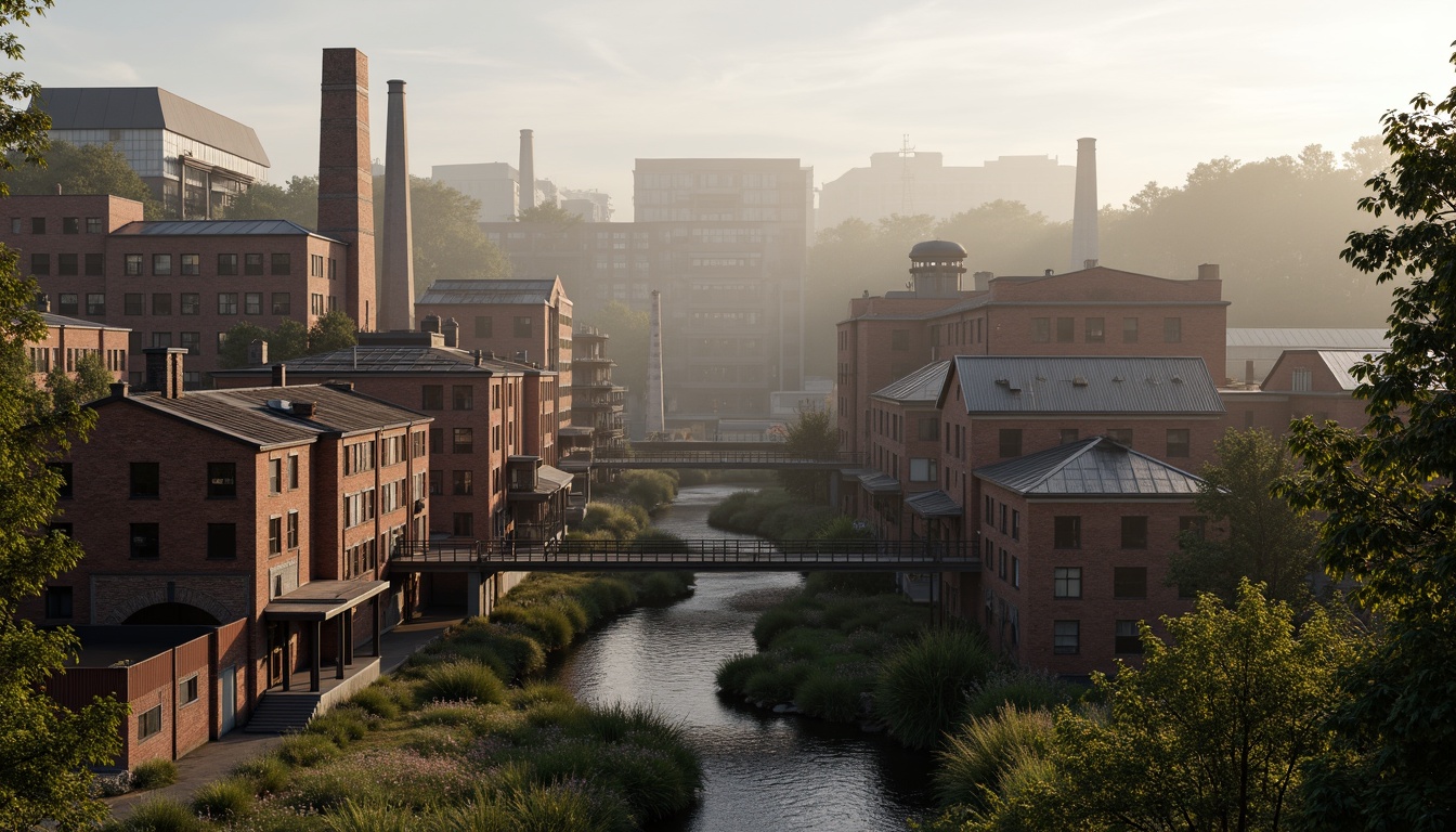 Prompt: Industrial factory complex, rustic brick buildings, corrugated metal roofs, worn concrete walls, vintage machinery, abandoned chimneys, overgrown vegetation, wildflowers, meandering streams, misty atmosphere, soft warm lighting, shallow depth of field, 3/4 composition, panoramic view, realistic textures, ambient occlusion, regionalism-inspired architecture, modern industrial design, functional spaces, exposed ductwork, metal catwalks, reclaimed wood accents, earthy color palette, natural stone pathways, weathered steel bridges.