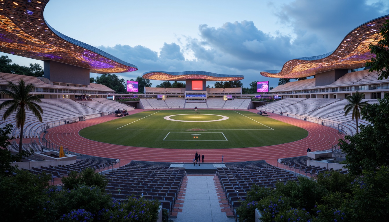 Prompt: Futuristic sports complex, undulating terrain, neon-lit athletic tracks, sleek metallic bleachers, holographic scoreboards, iridescent stadium roofs, glowing accents, vibrant LED lighting, misty atmospheric effects, shallow depth of field, 3/4 composition, panoramic view, realistic textures, ambient occlusion, lush greenery, tropical plants, palm trees, sunny day, warm soft focus, dynamic camera movements.