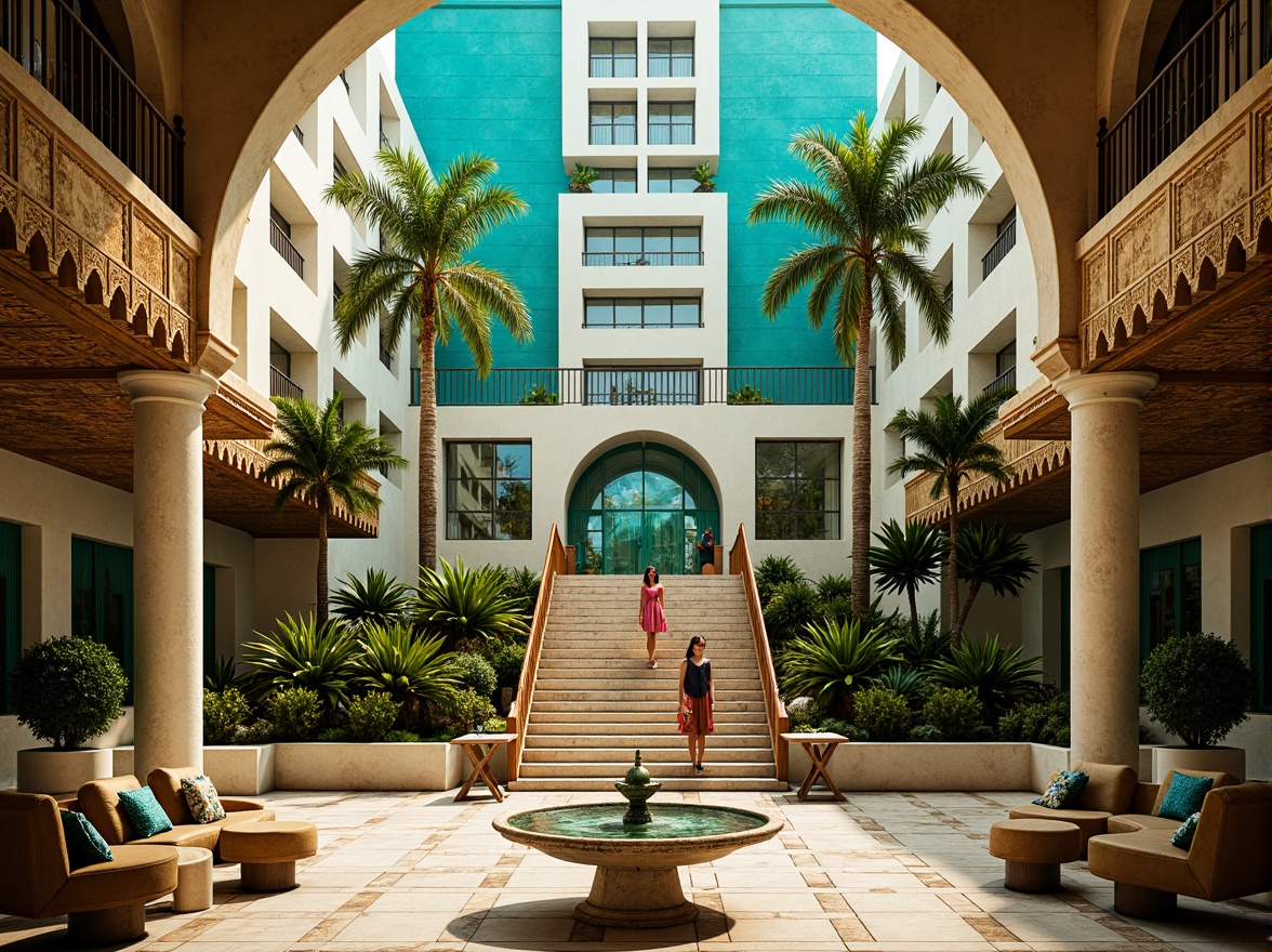 Prompt: Luxurious Art Deco building, ornate metalwork, geometric patterns, vibrant turquoise accents, lush greenery, tropical palm trees, sun-kissed courtyard, elegant fountain, grand staircase, opulent chandeliers, lavish textiles, metallic sheen, warm golden lighting, shallow depth of field, 1/1 composition, symmetrical framing, realistic reflections, ambient occlusion.