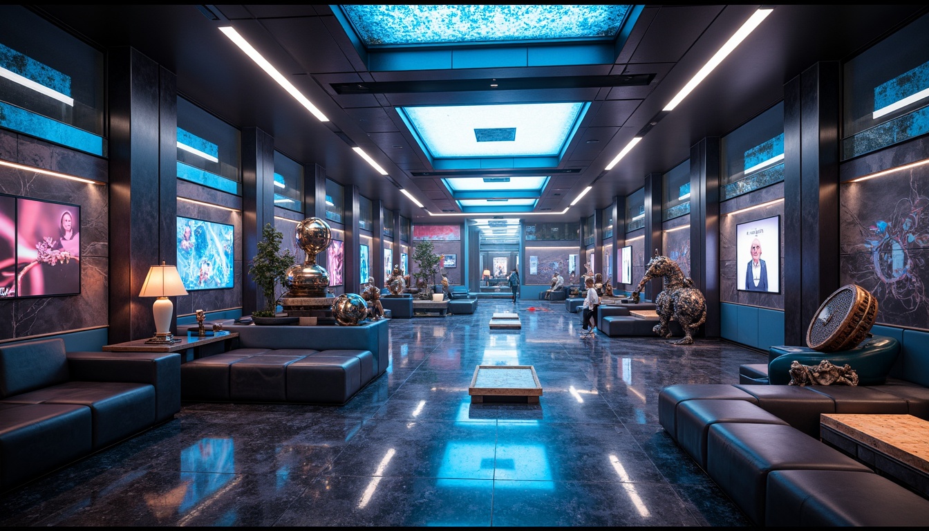 Prompt: Futuristic interior, metallic surfaces, neon-lit accents, iridescent glass panels, holographic displays, sleek carbon fiber furniture, high-gloss finishes, LED lighting strips, translucent acrylic walls, minimalist decor, avant-garde sculptures, futuristic gadgets, virtual reality interfaces, cyberpunk-inspired color schemes, dark ambient lighting, shallow depth of field, 1/1 composition, cinematic camera angles, realistic reflections, advanced material textures.