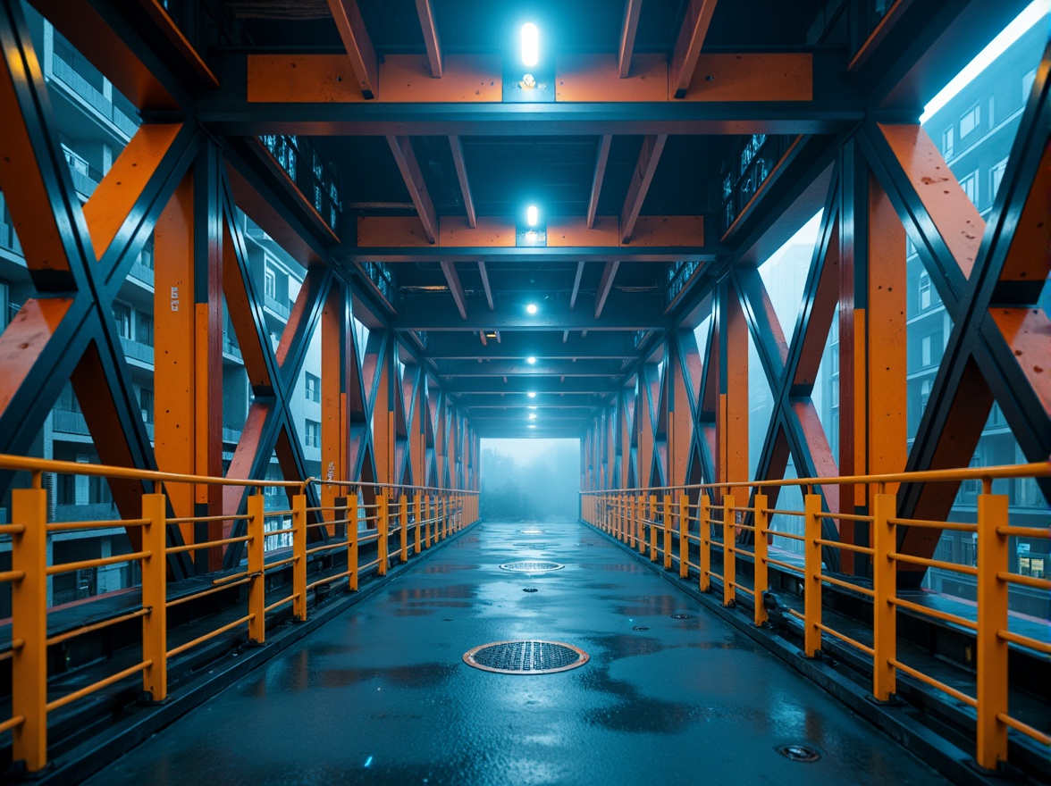 Prompt: Modern urban bridge, sleek metal structure, bold industrial colors, dark grey steel beams, bright orange accents, vibrant yellow safety rails, cool blue LED lighting, misty atmospheric effects, shallow depth of field, 1/1 composition, realistic metallic textures, ambient occlusion.