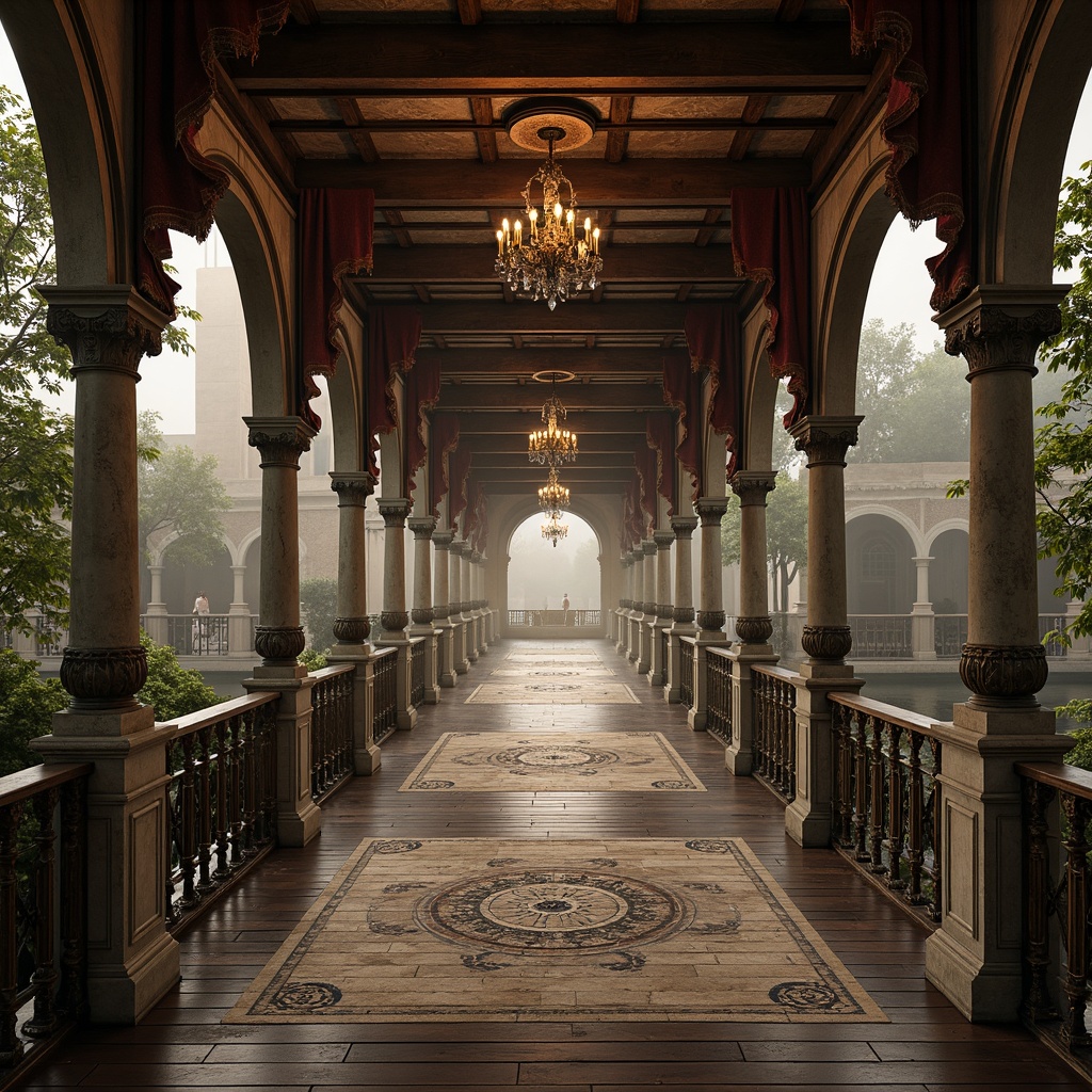 Prompt: Ornate Baroque bridge, rustic stone arches, intricately carved balustrades, polished bronze railings, ornamental lanterns, weathered copper roofing, distressed wooden decking, rich velvet draping, gilded accents, lavish crystal chandeliers, soft warm lighting, misty atmospheric effects, shallow depth of field, 1/2 composition, cinematic view, realistic textures, ambient occlusion.