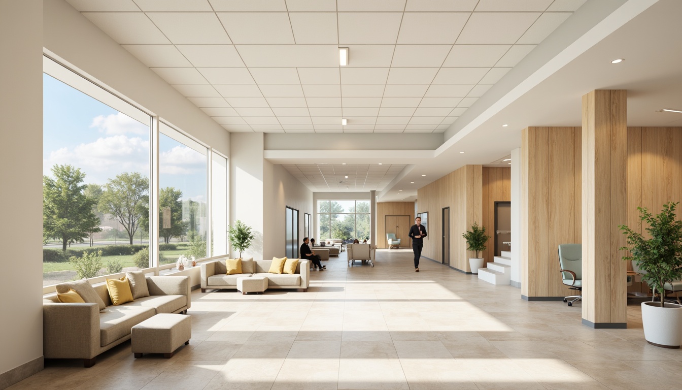 Prompt: Soothing hospital interior, calming color scheme, gentle pastel hues, soft whites, creamy beiges, pale blues, muted greens, warm wood accents, natural stone floors, comfortable seating areas, peaceful waiting rooms, serene patient rooms, gentle lighting, subtle texture contrasts, 1/1 composition, shallow depth of field, realistic renderings, ambient occlusion.