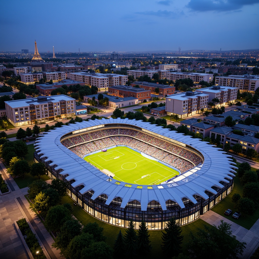 Prompt: Vibrant football stadium, social housing complex, curved lines, dynamic shapes, bold color schemes, metallic materials, LED lighting systems, cantilevered roofs, open-air balconies, communal green spaces, recreational facilities, community centers, public art installations, urban landscape integration, modern architecture, angular fa\u00e7ades, transparent glass walls, sleek steel beams, atmospheric evening lighting, shallow depth of field, 1/2 composition, realistic textures, ambient occlusion.