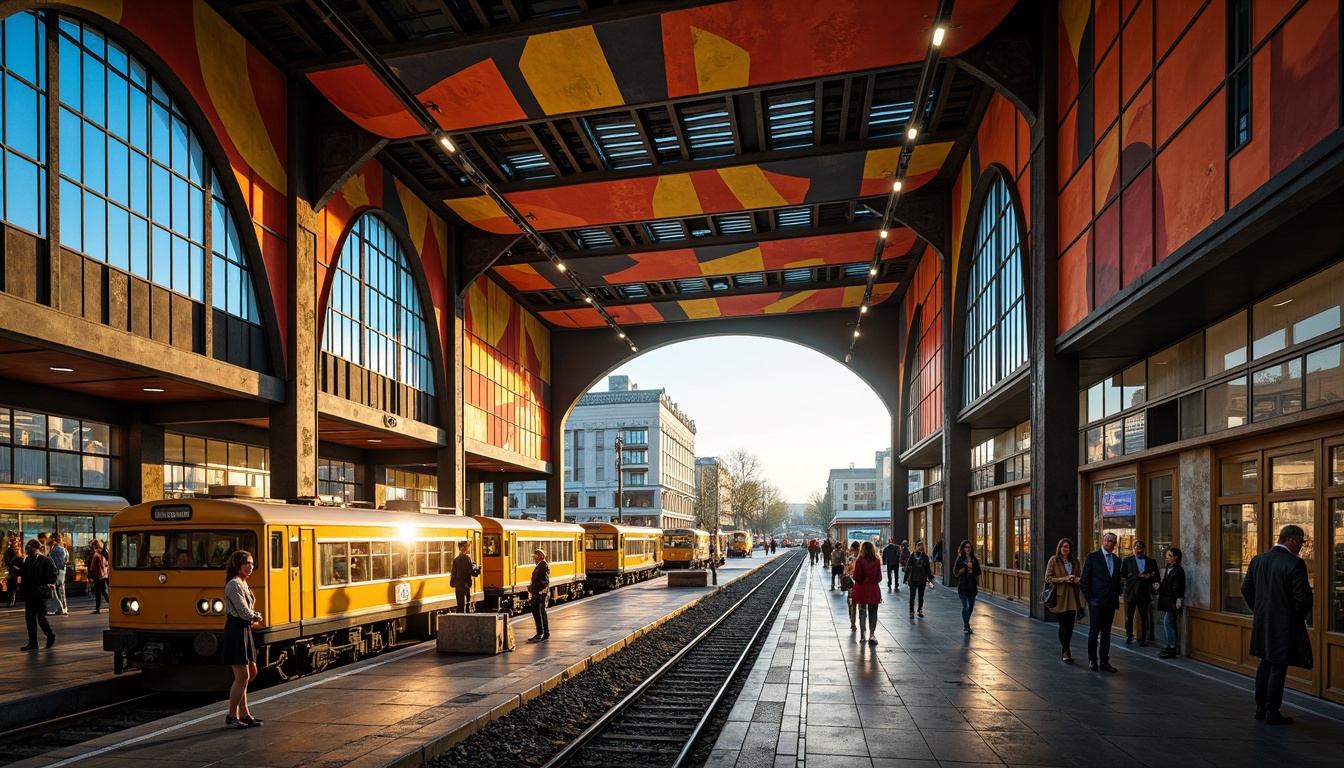 Prompt: Vibrant train station, expressionist architecture, bold geometric shapes, bright primary colors, contrasting secondary hues, industrial metal beams, exposed brick walls, distressed concrete textures, urban cityscape, bustling streets, morning rush hour, warm golden lighting, shallow depth of field, 1/2 composition, dramatic shadows, cinematic atmosphere, gritty realistic details.