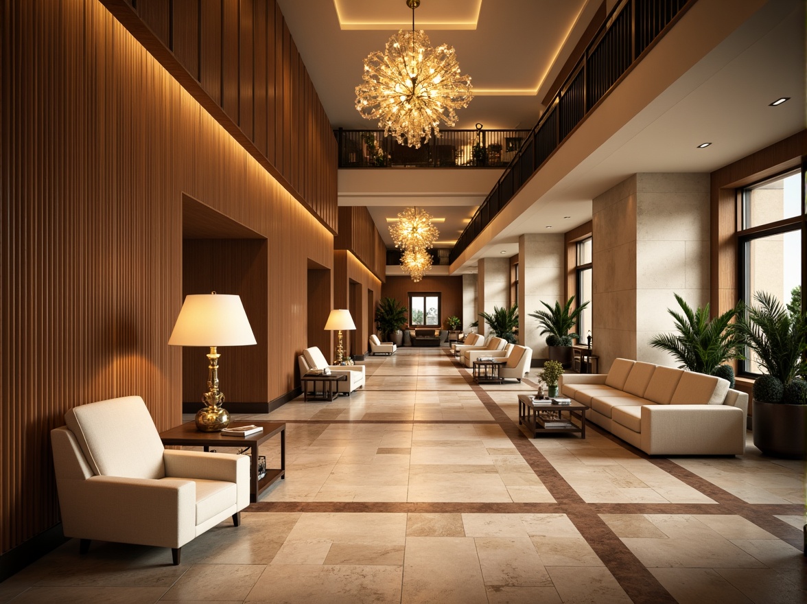 Prompt: Luxurious hotel lobby, rich wood accents, warm beige tones, soft cream hues, velvety upholstery, metallic gold fixtures, elegant chandeliers, natural stone flooring, ambient warm lighting, shallow depth of field, 3/4 composition, panoramic view, realistic textures, inviting atmosphere.