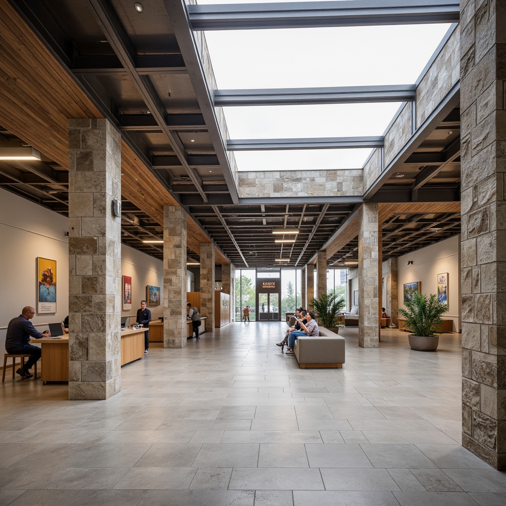 Prompt: Minimalist visitor center, natural stone walls, polished concrete floors, wooden accents, industrial metal beams, large glass windows, transparent roofs, open spaces, simple signage, subtle branding, earthy color palette, soft diffused lighting, shallow depth of field, 1/1 composition, realistic textures, ambient occlusion.