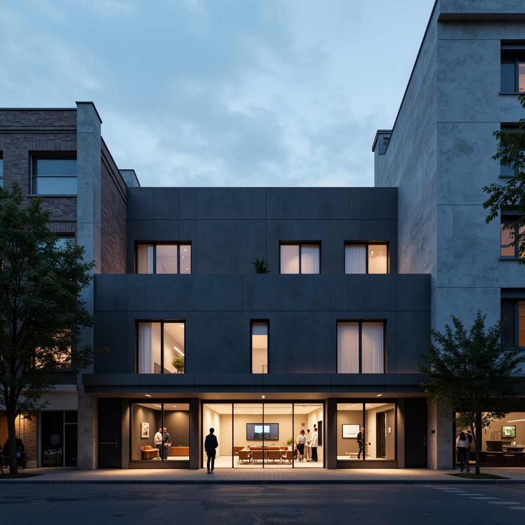 Prompt: Simple theater facade, minimalist architecture, clean lines, monochromatic color scheme, rectangular shapes, flat roofs, large glass windows, sliding doors, industrial materials, exposed concrete walls, subtle lighting, dramatic shadows, urban cityscape, evening atmosphere, soft box lights, 1/1 composition, realistic textures, ambient occlusion.