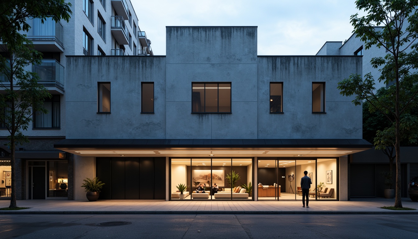 Prompt: Simple theater facade, minimalist architecture, clean lines, monochromatic color scheme, rectangular shapes, flat roofs, large glass windows, sliding doors, industrial materials, exposed concrete walls, subtle lighting, dramatic shadows, urban cityscape, evening atmosphere, soft box lights, 1/1 composition, realistic textures, ambient occlusion.