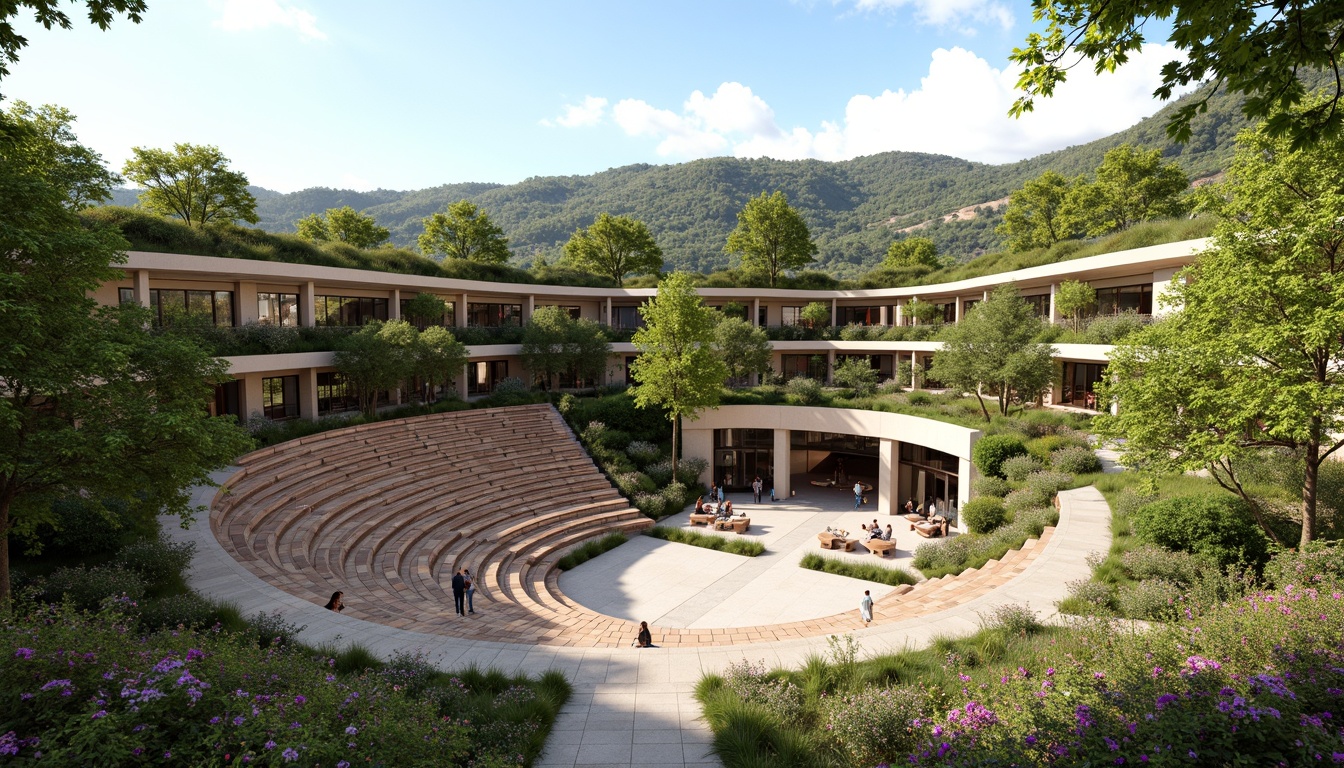 Prompt: Vibrant performing arts center, lush green roofs, living walls, natural stone fa\u00e7ades, curved lines, modern architecture, large windows, glass doors, blooming flowers, sunny day, soft warm lighting, shallow depth of field, 3/4 composition, panoramic view, realistic textures, ambient occlusion, outdoor amphitheater, tiered seating, stage lighting, sound systems, acoustic panels, wooden floors, minimalist design, flexible performance spaces, retractable seating, movable partitions, dynamic LED installations, interactive projections, immersive experiences.