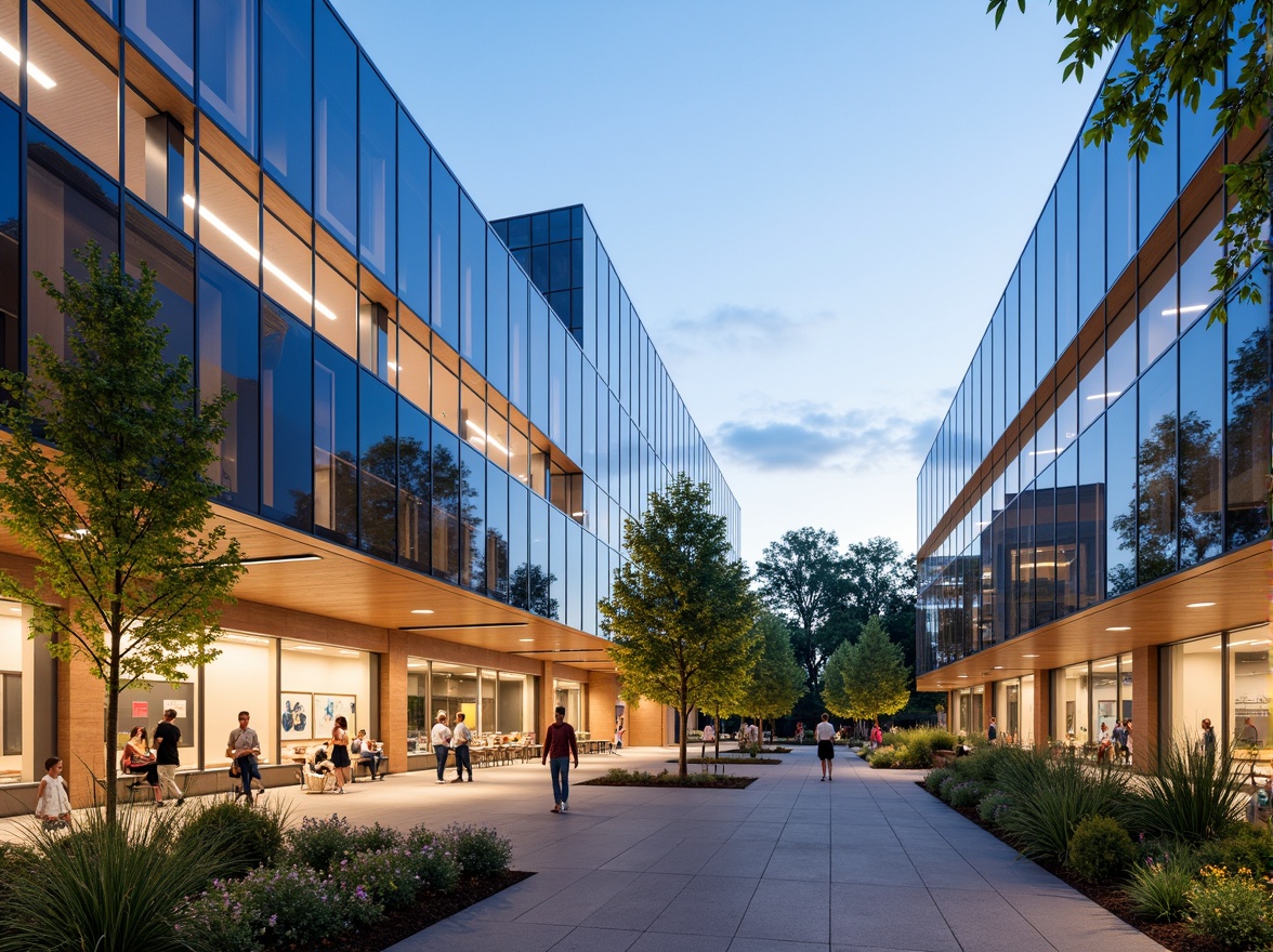 Prompt: Contemporary community center, reflective glass fa\u00e7ade, minimalist architecture, open public spaces, natural light infiltration, wooden accents, vibrant color schemes, dynamic angular lines, sustainable building materials, green roofs, rainwater harvesting systems, eco-friendly furniture, innovative ventilation systems, flexible multipurpose rooms, collaborative workspaces, diverse cultural patterns, inclusive accessibility features, warm ambient lighting, shallow depth of field, 3/4 composition, panoramic view, realistic textures, ambient occlusion.