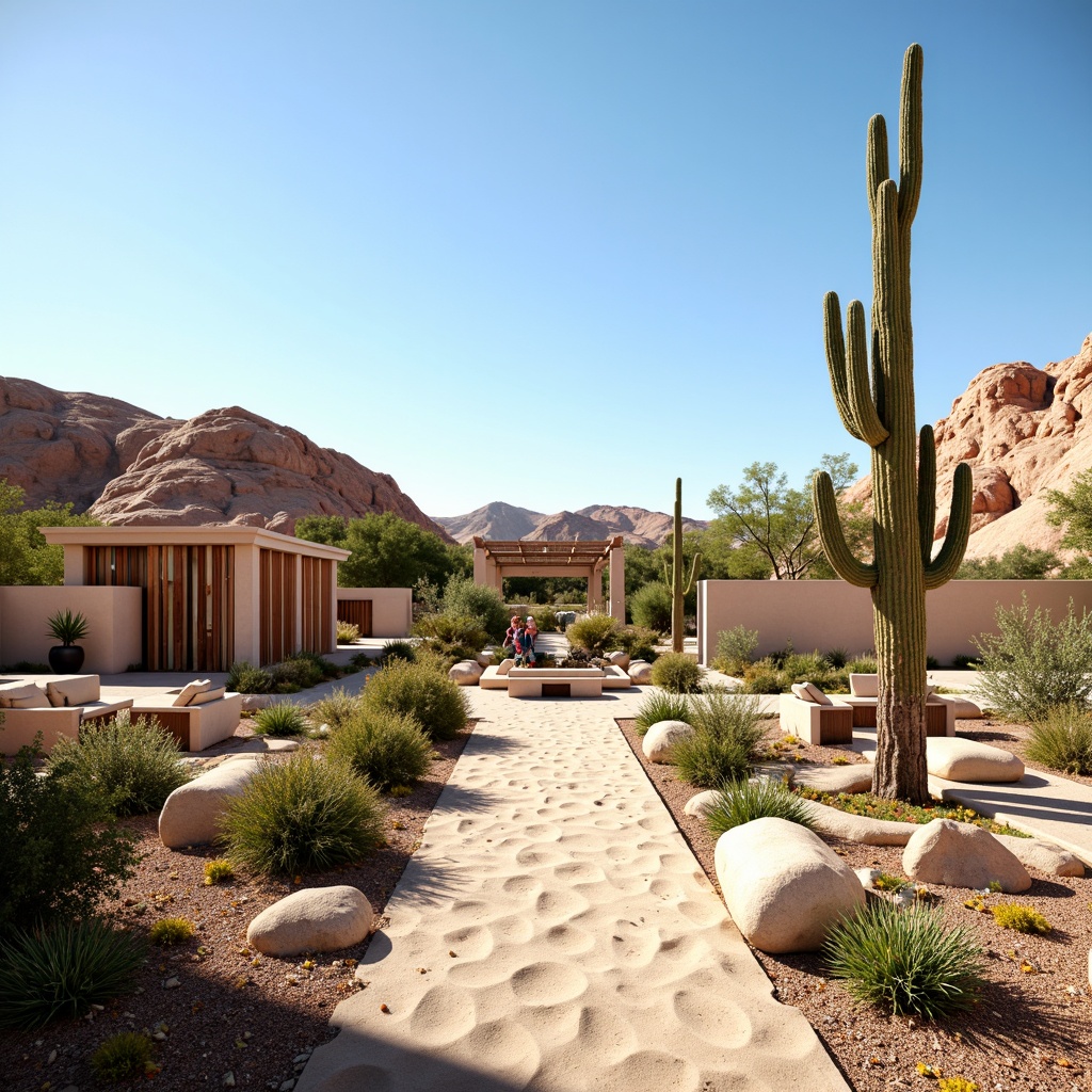 Prompt: Desert oasis, sandy dunes, cactus plants, succulent gardens, hot sunny day, clear blue sky, vast open space, modern desert-inspired architecture, earthy tones, natural stone walls, wooden accents, minimalist design, xeriscaping, drought-tolerant plants, water-efficient irrigation systems, outdoor seating areas, shaded pergolas, misting systems, vibrant colorful textiles, intricate geometric motifs, warm ambient lighting, shallow depth of field, 3/4 composition, panoramic view.